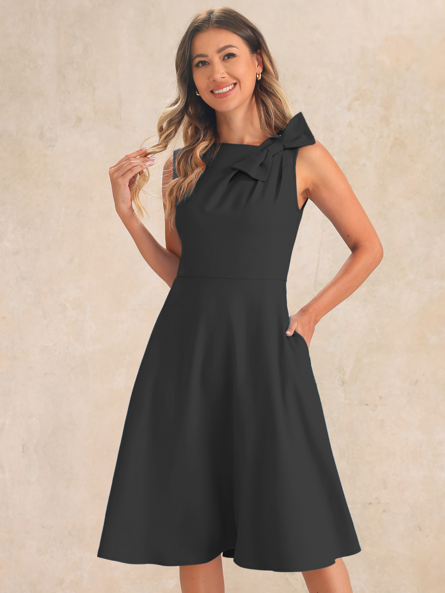 Flared Sleeveless Bowknot Midi A-Line Formal Dress Black/XS