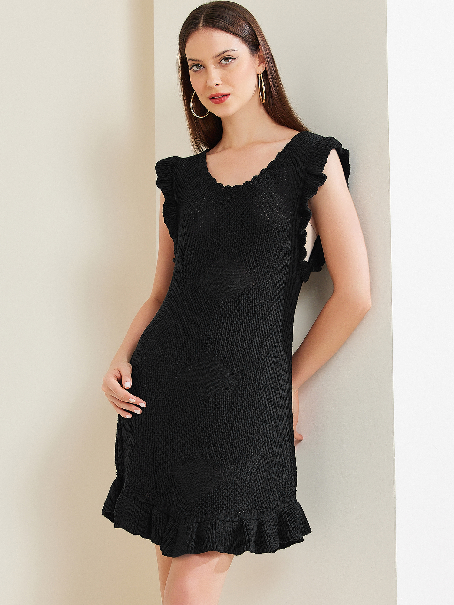 Casual Round Neck Midi Ruffled Knit Dress Black/XL