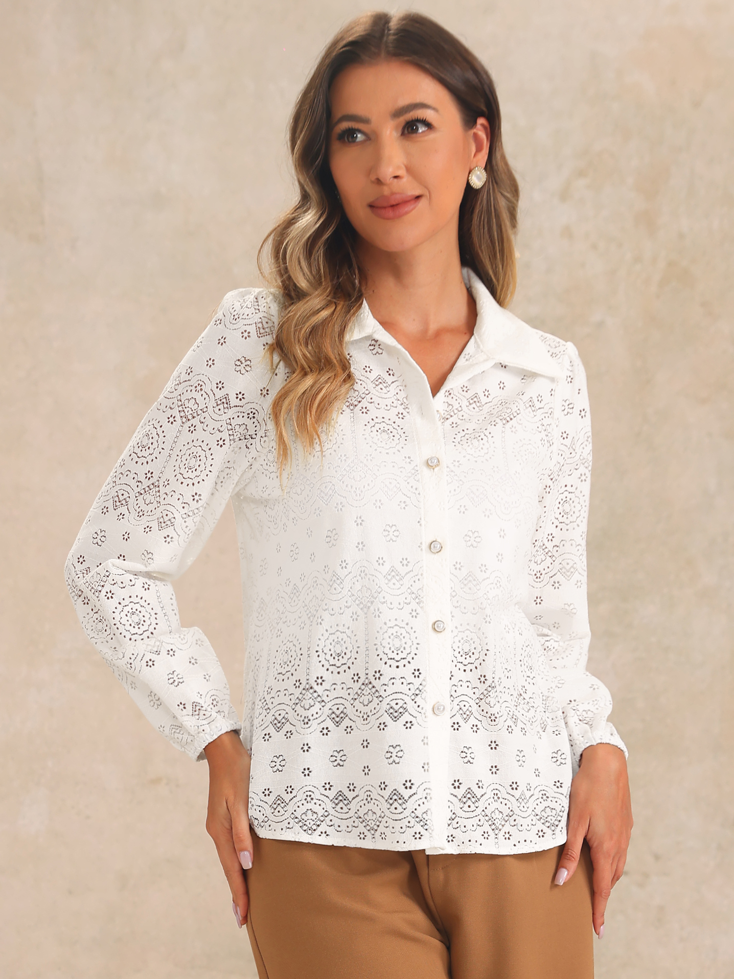 Eyelet Sheer Boho Button Down Puff Sleeves Shirts White/L