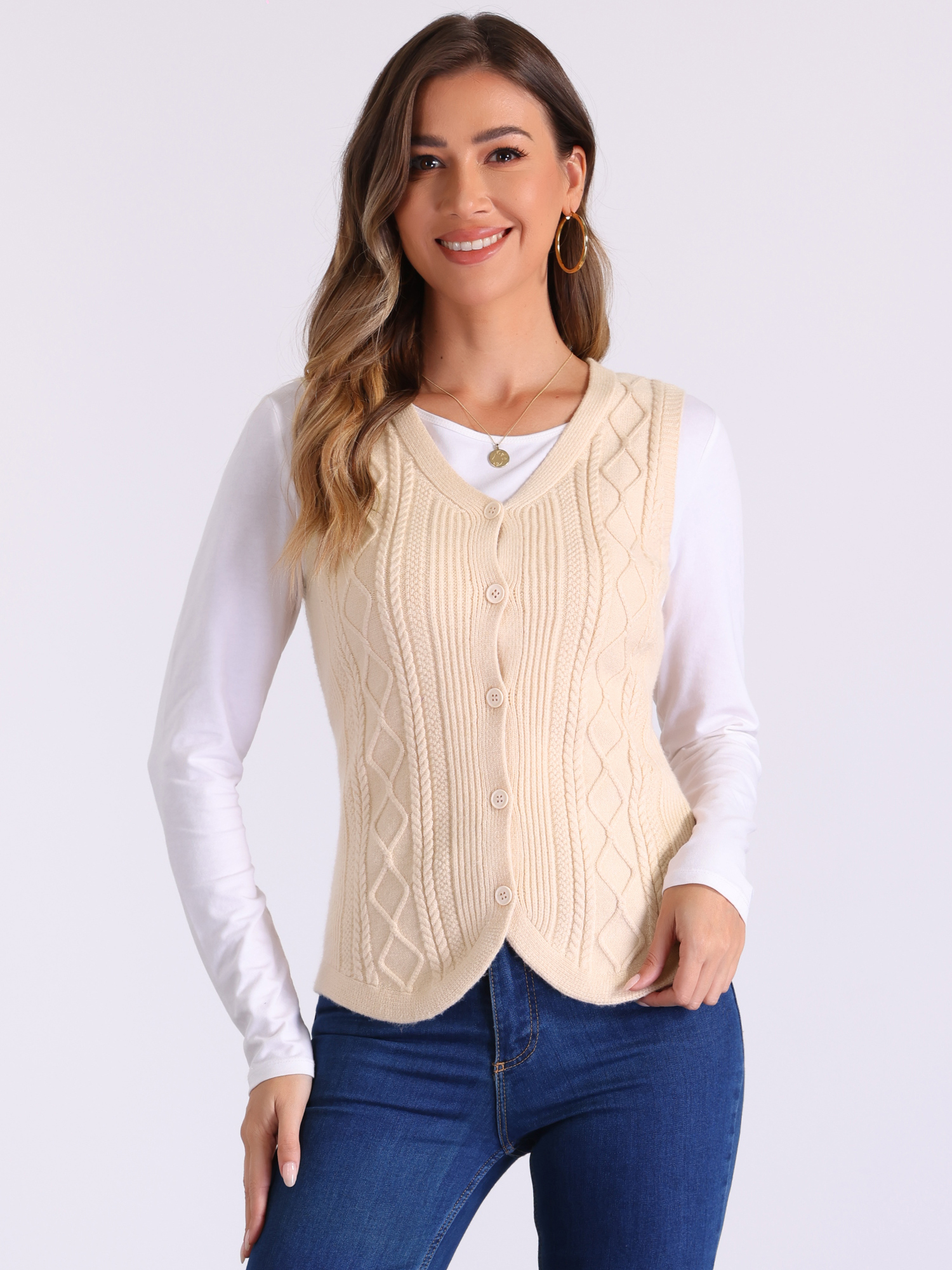 V Neck Sleeveless Button Down Knitted Sweater Vest Beige/M
