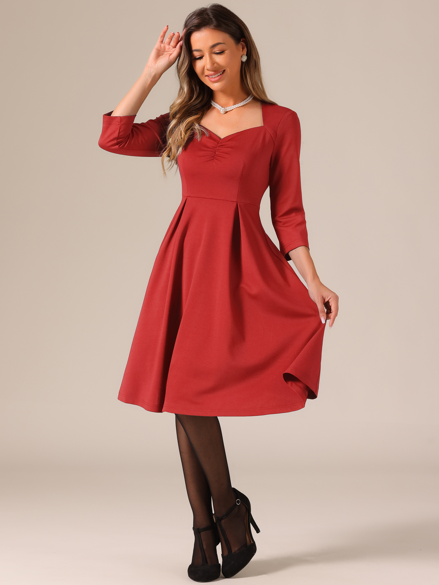 Retro Sweetheart Neck 1950s Retro Cocktail A-Line Dress Red/M