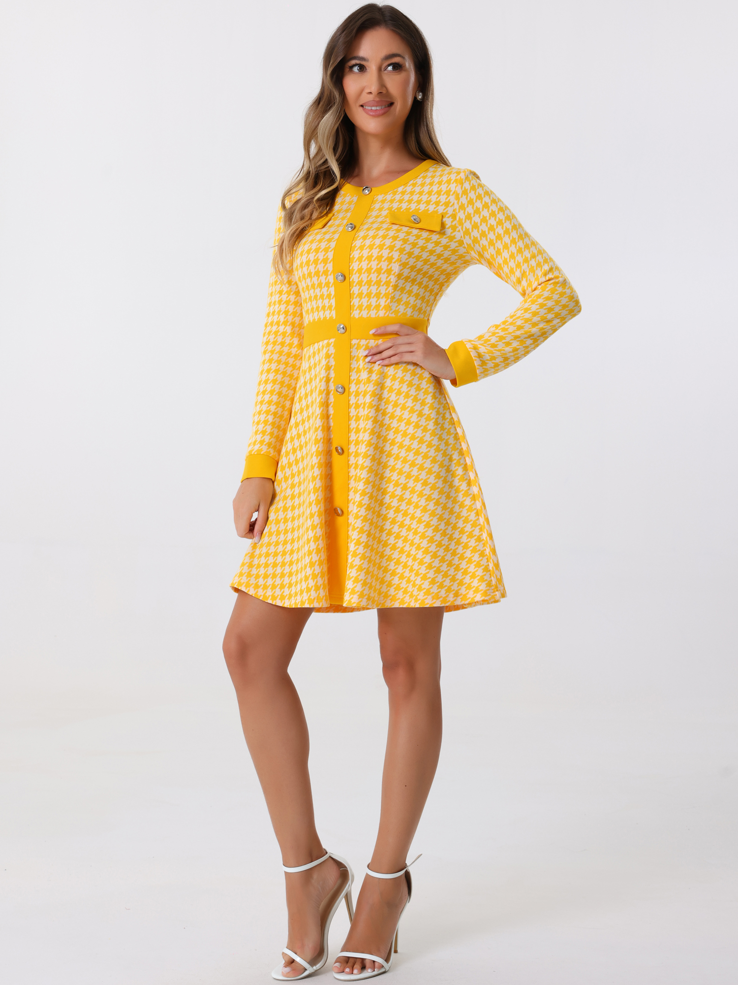 Houndstooth Plaid Contrast Color Crew Neck Button A-Line Dress Yellow/XS