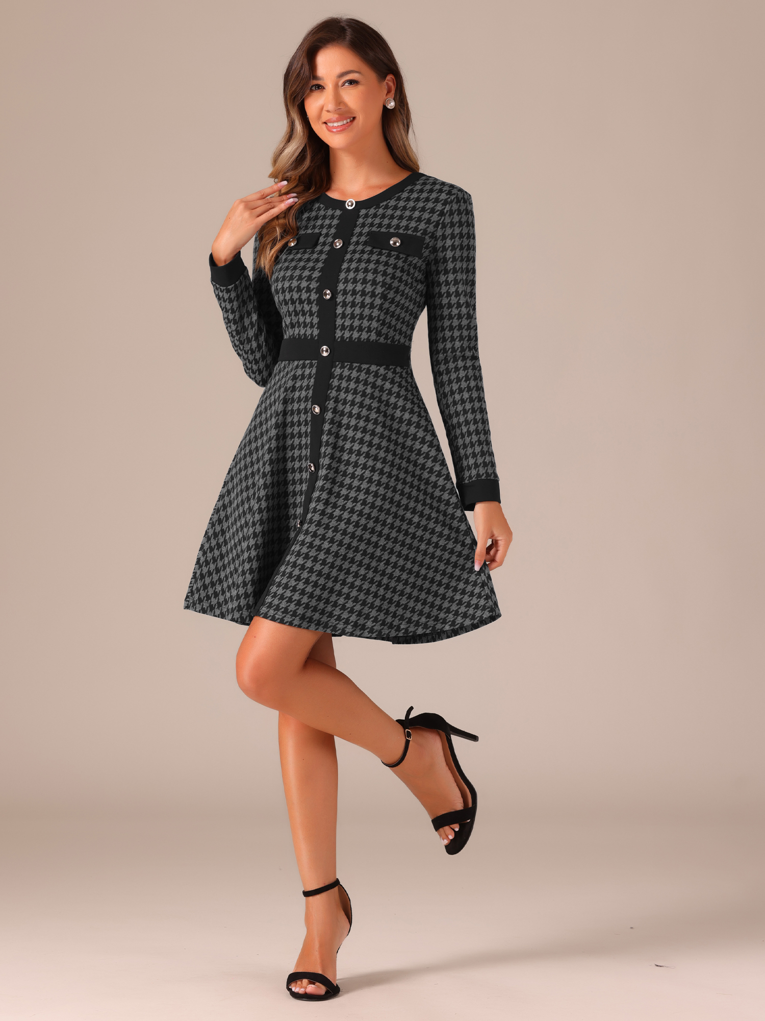 Houndstooth Plaid Contrast Color Crew Neck Button A-Line Dress Dark Gray/XS