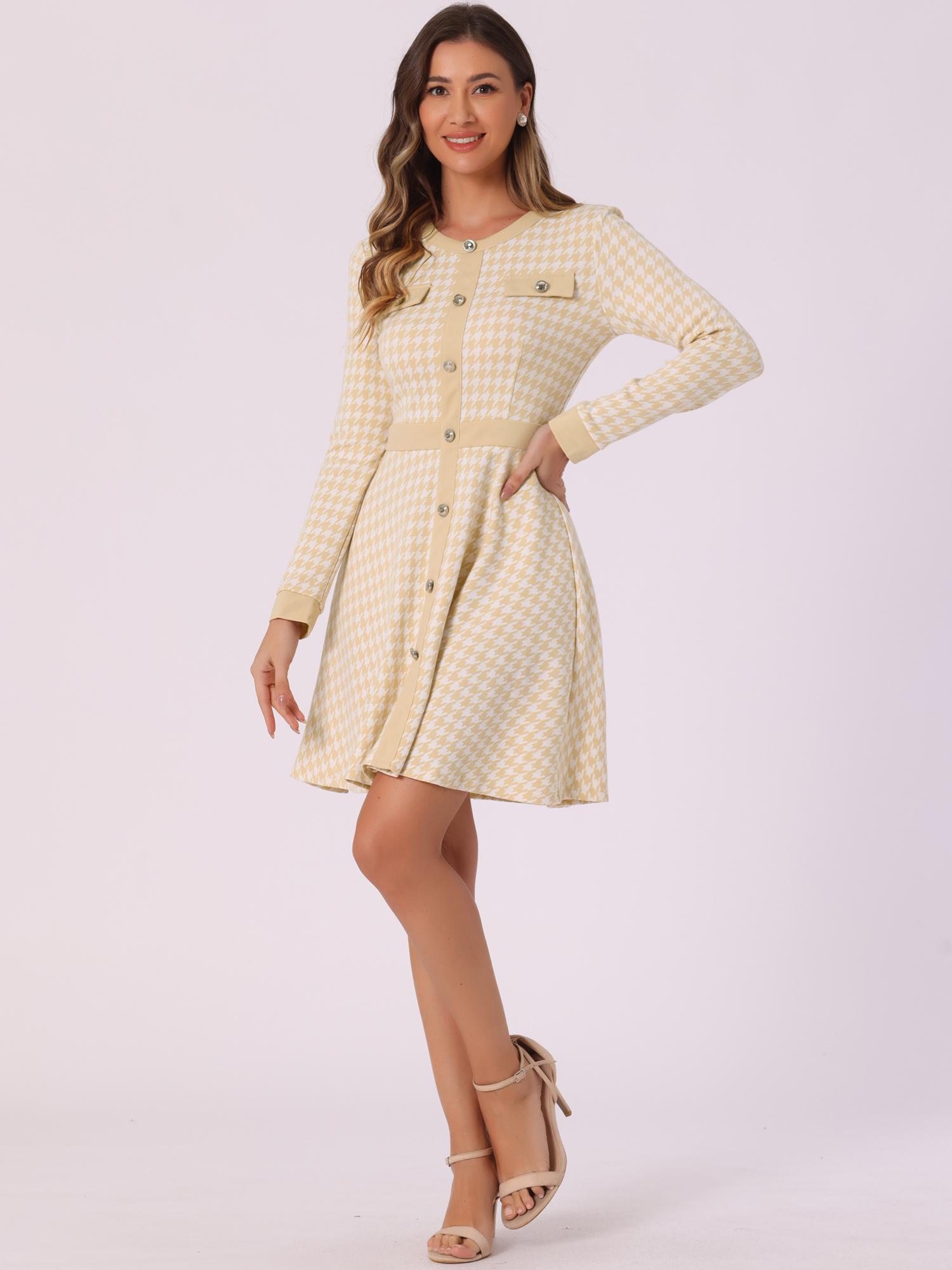 Houndstooth Plaid Contrast Color Crew Neck Button A-Line Dress Apricot/M