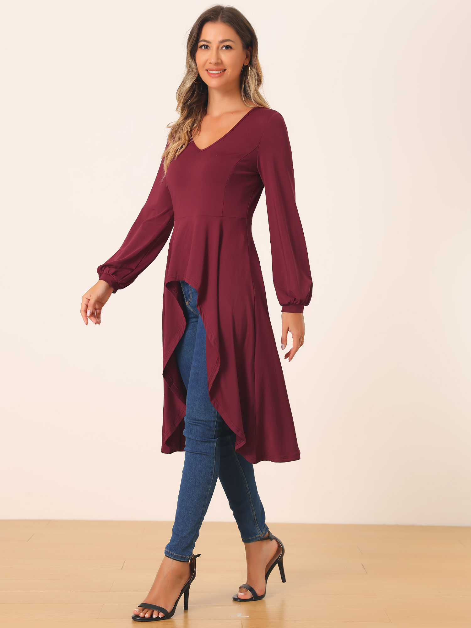 V Neck High Low Hem Peplum Long Sleeve Midi Blouse Burgundy/XL