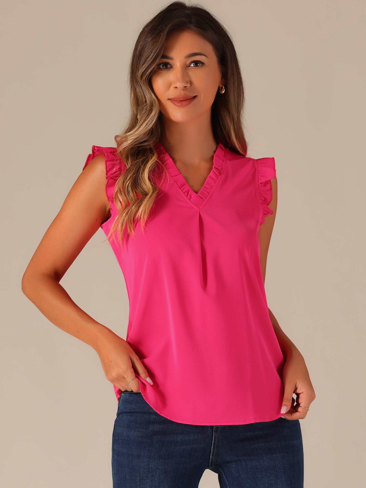 Ruffled Sleeveless Blouse 1950s Vintage Work Business Tops Hot Pink/S