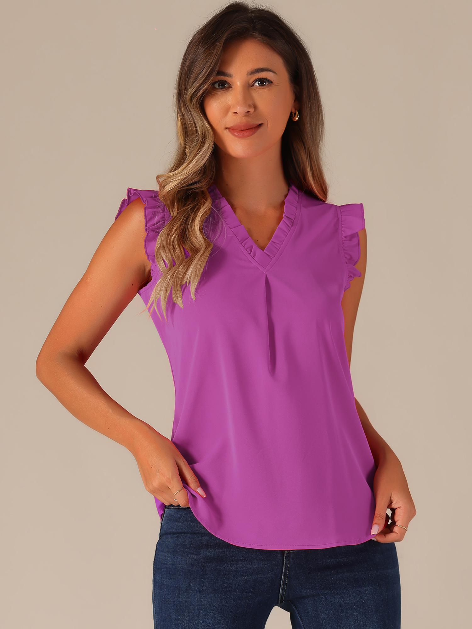 Ruffled Sleeveless Blouse 1950s Vintage Work Business Tops Dark Purple/XS