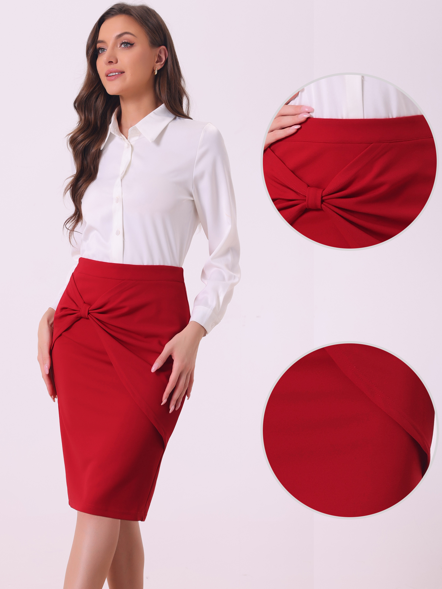 Work Pencil Ruched High Waist Bodycon Midi Skirt Red/L