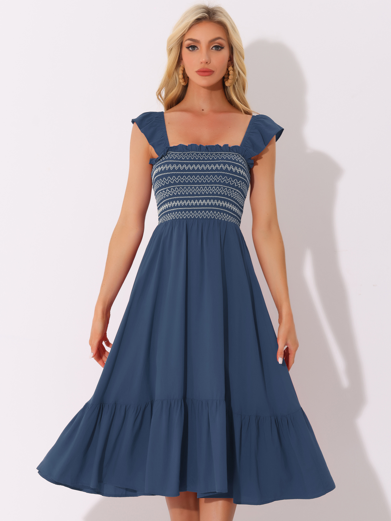 Boho Square Neck Ruffle Tiered Flowy Smocked Midi Dress Sundress Dark Blue/L