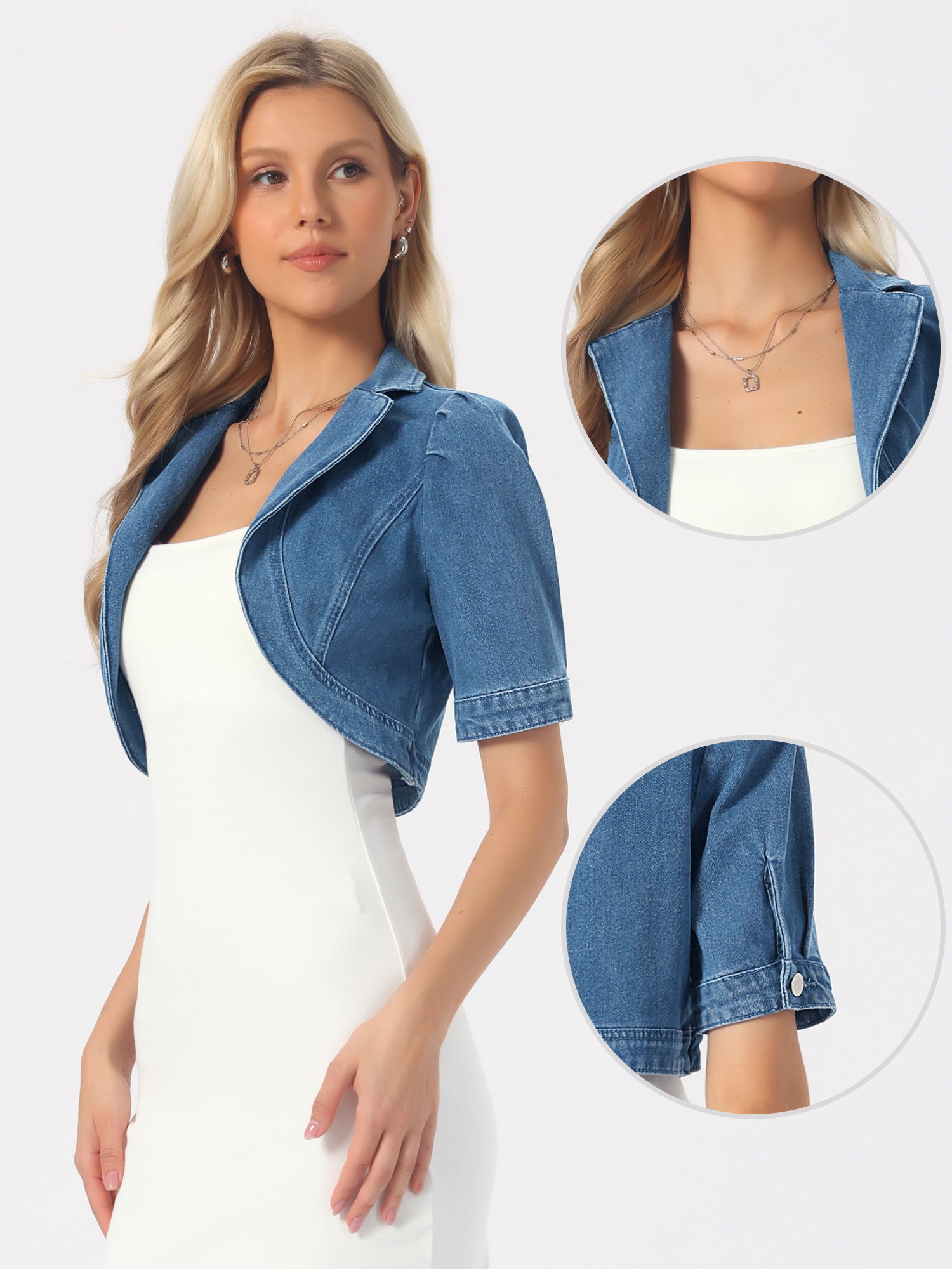 Cropped Denim Short Sleeve Lapel Collar Jean Jacket M Blue/XS