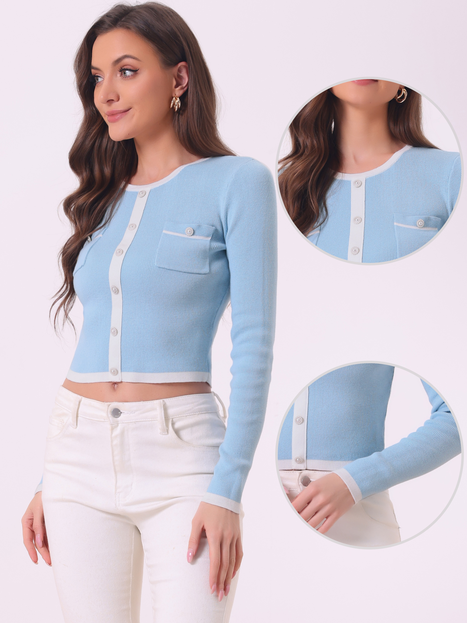 Contrast Ribbed Knit Round Neck Button Decor Crop Sweater Top Sky Blue/L