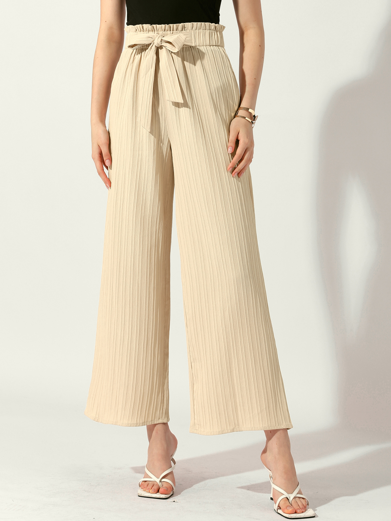 Pockets Tie Knot High Waist Textured Palazzo Trousers Wide Leg Pants Apricot/L