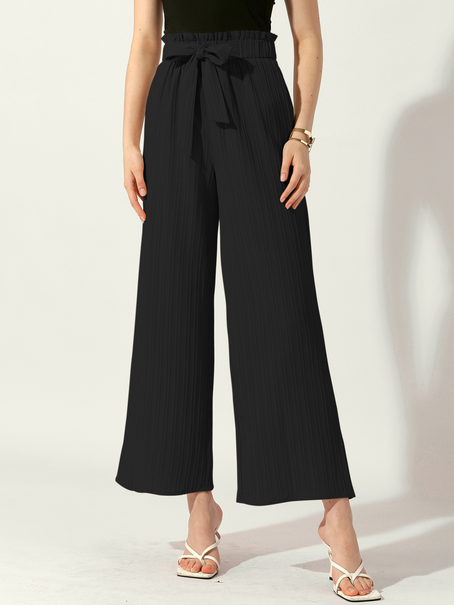 Pockets Tie Knot High Waist Textured Palazzo Trousers Wide Leg Pants Black/S