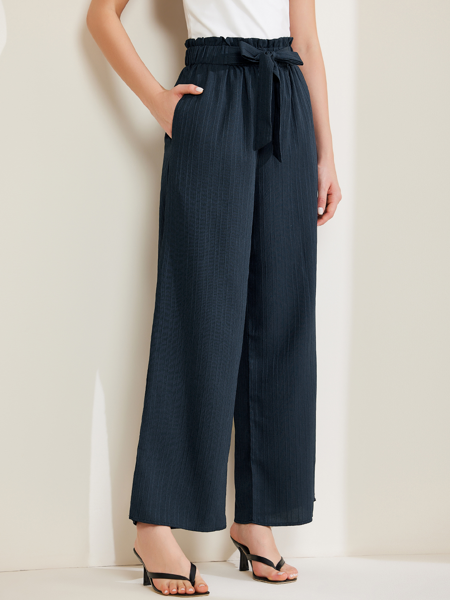 Pockets Tie Knot High Waist Textured Palazzo Trousers Wide Leg Pants Navy/S