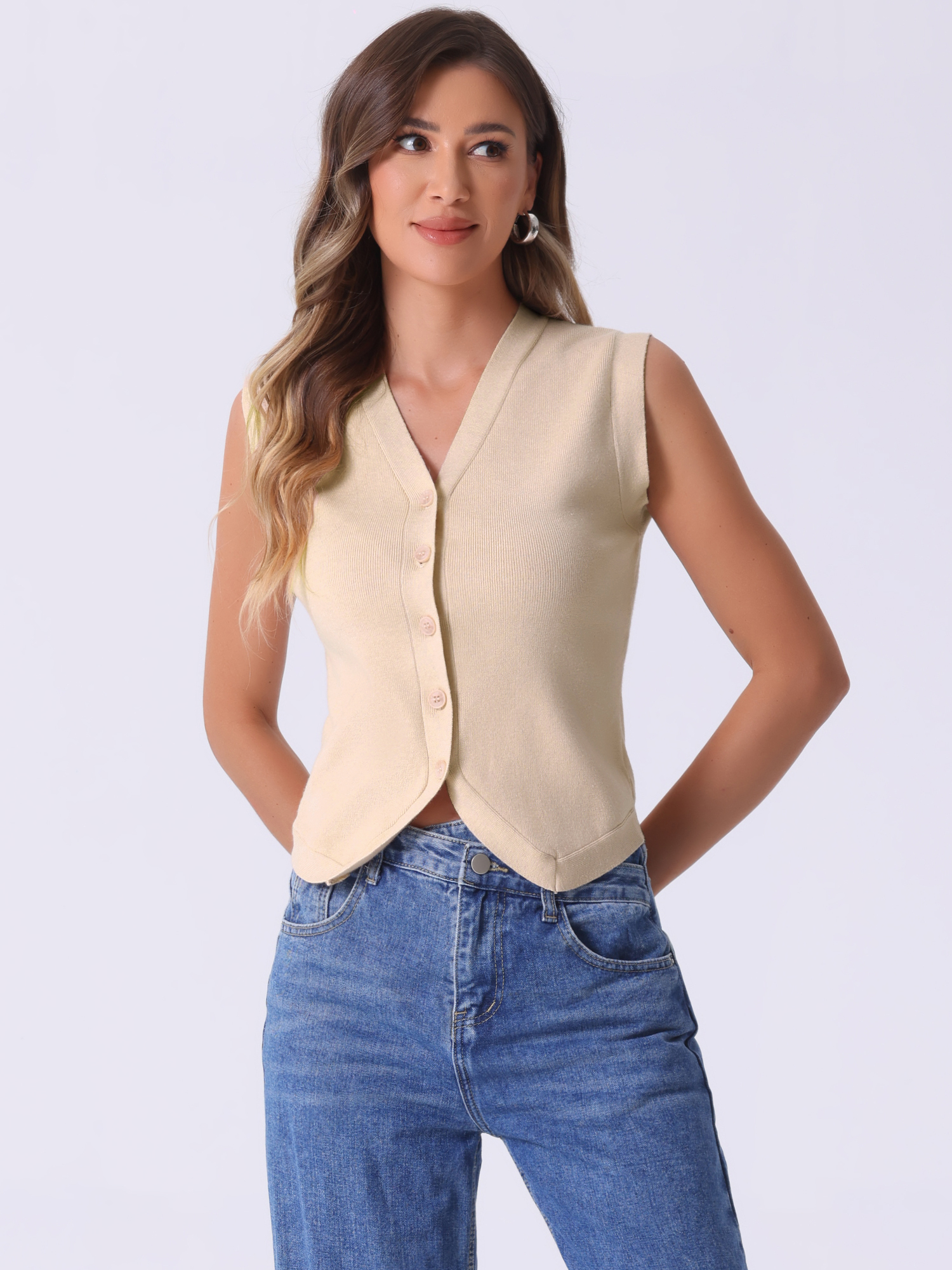 Sleeveless Button Up Casual Knitted Cropped Sweater Vest Apricot/S