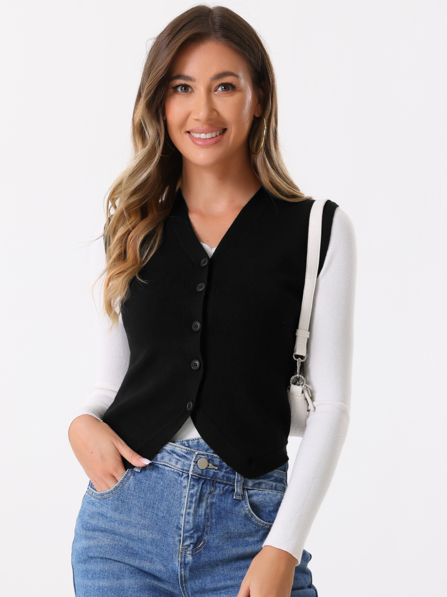 Sleeveless Button Up Casual Knitted Cropped Sweater Vest Black/S