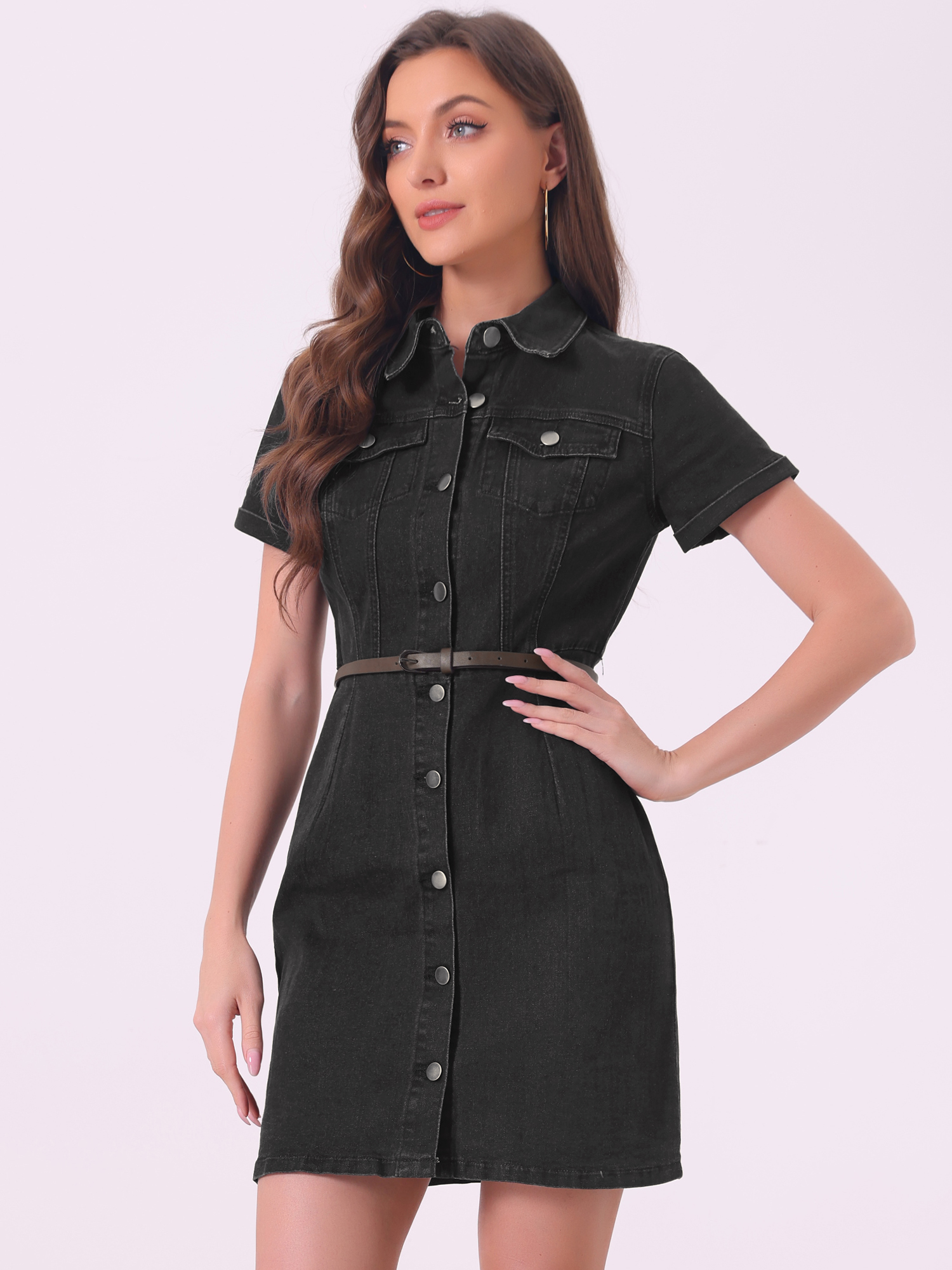 Denim Lapel Short Sleeve Belted Button Up Shirt Dress Black/XS
