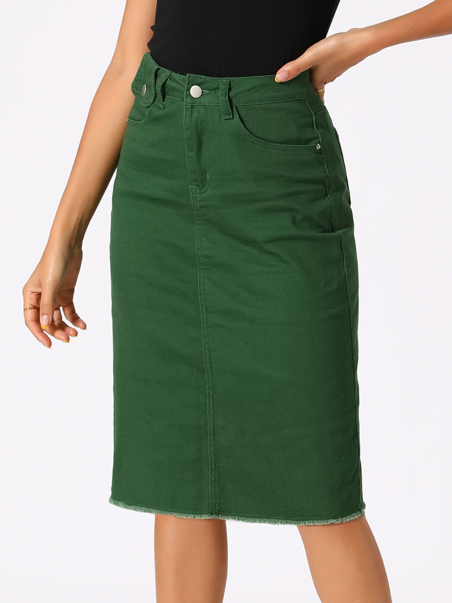 Casual High Waist Back Slit Stretch Denim Midi Skirt Green/L
