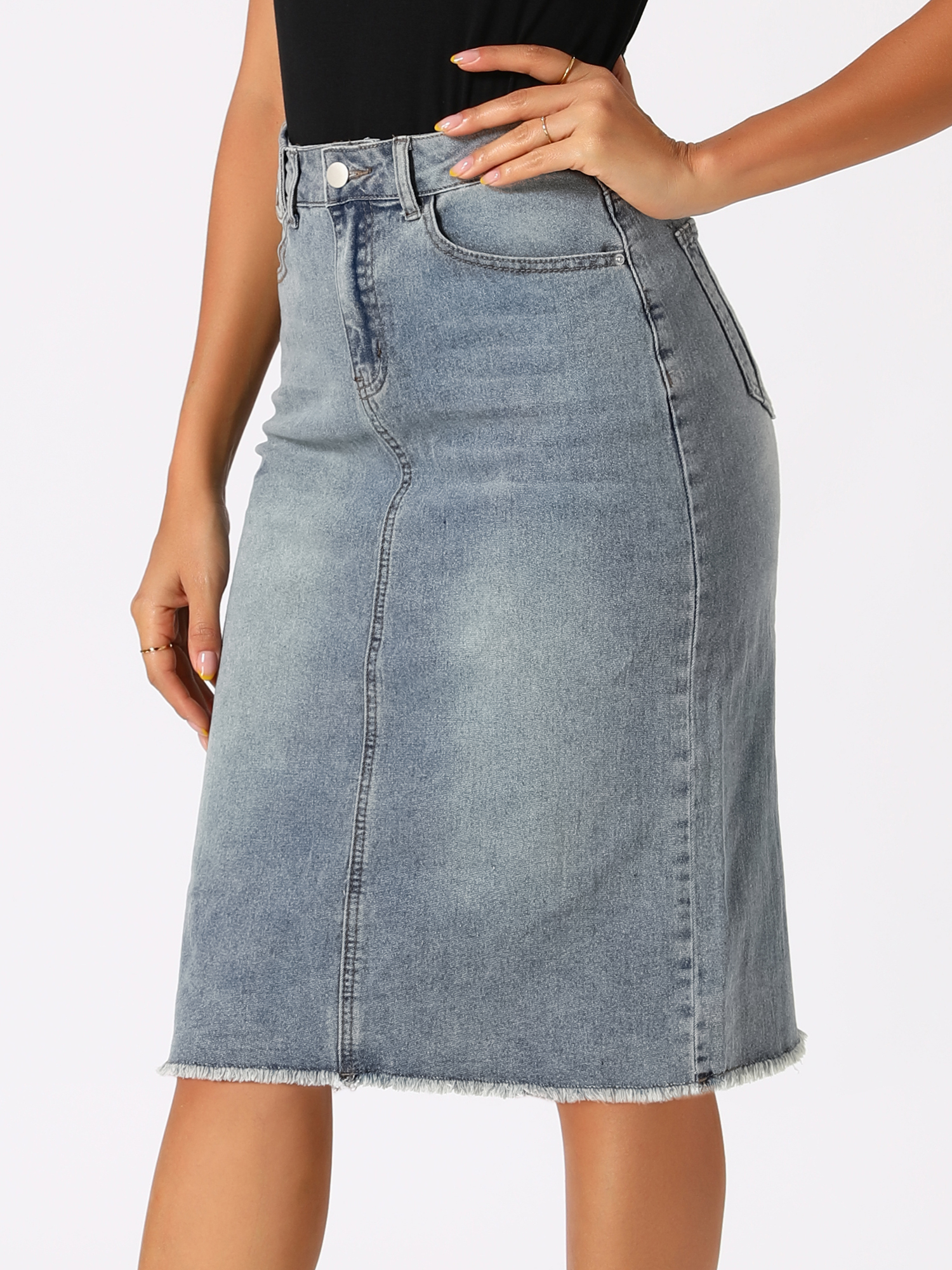 Casual High Waist Back Slit Stretch Denim Midi Jean Skirt Grey Blue/XS