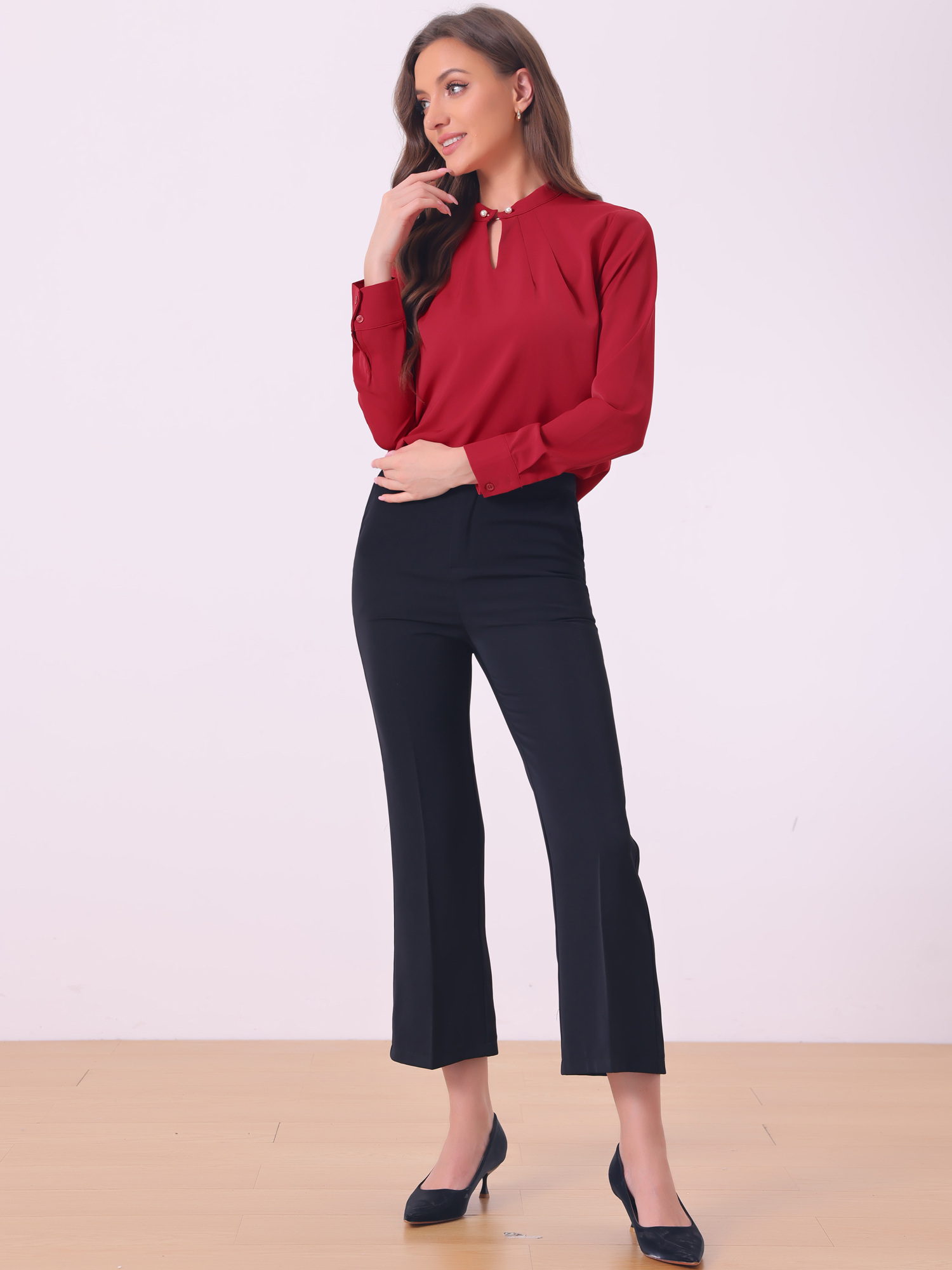 Pleated Mock Neck Pearl Decor Elegant Work Blouse Top Burgundy/XL
