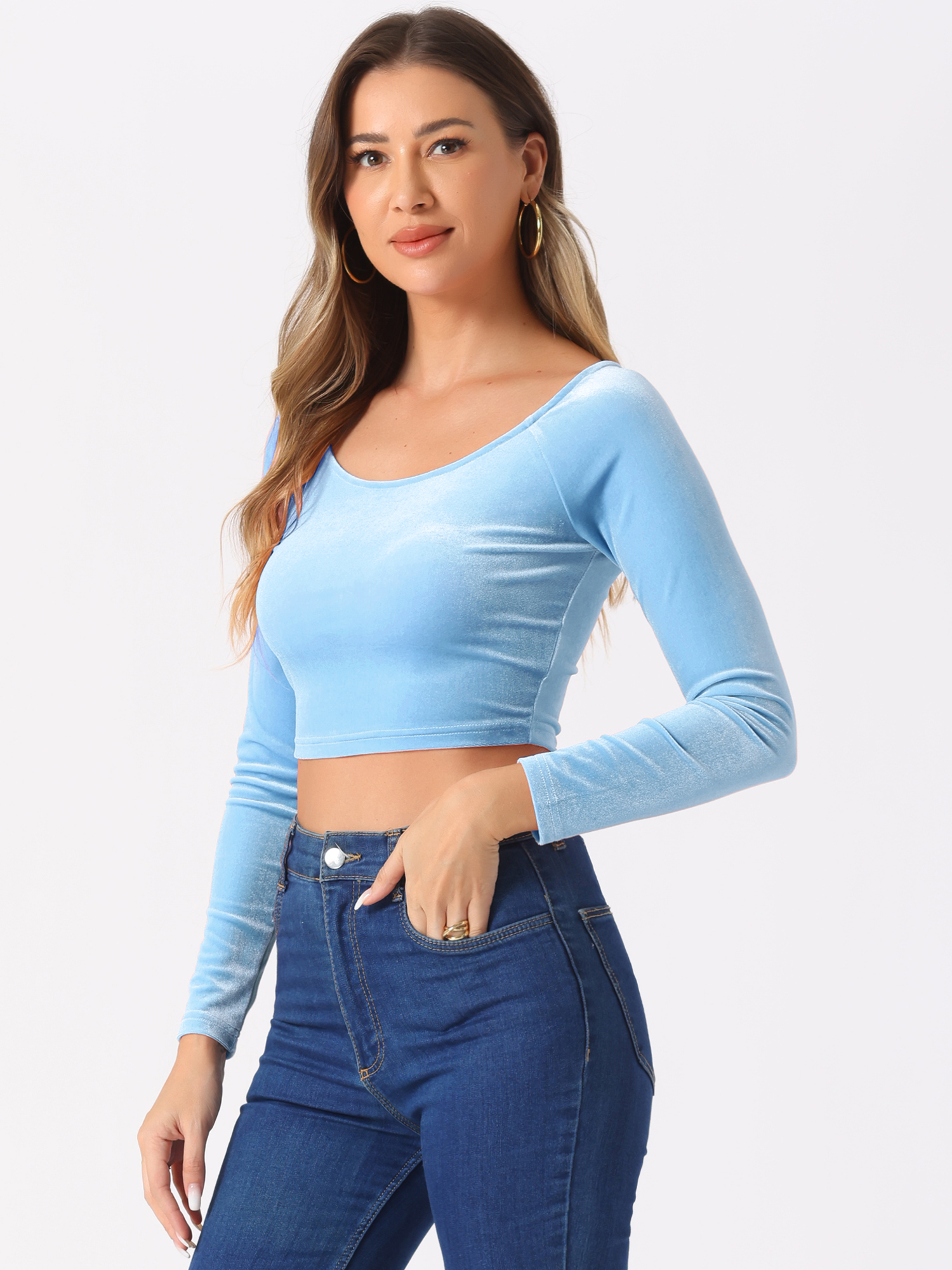 Velvet Long Sleeve Off Shoulder Solid Crop Top Light Blue/L