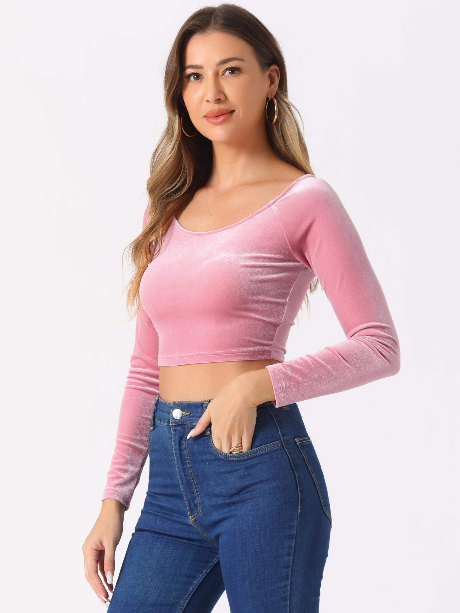 Velvet Long Sleeve Off Shoulder Solid Crop Top Pink/L