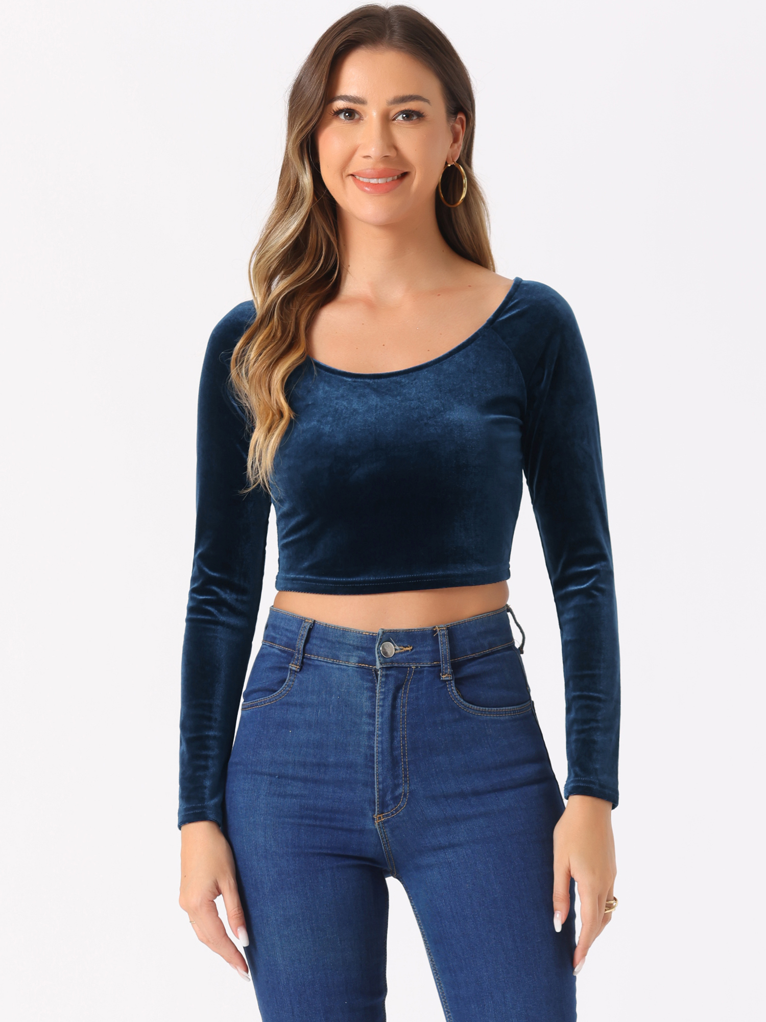 Velvet Long Sleeve Off Shoulder Solid Crop Top Dark Blue/M