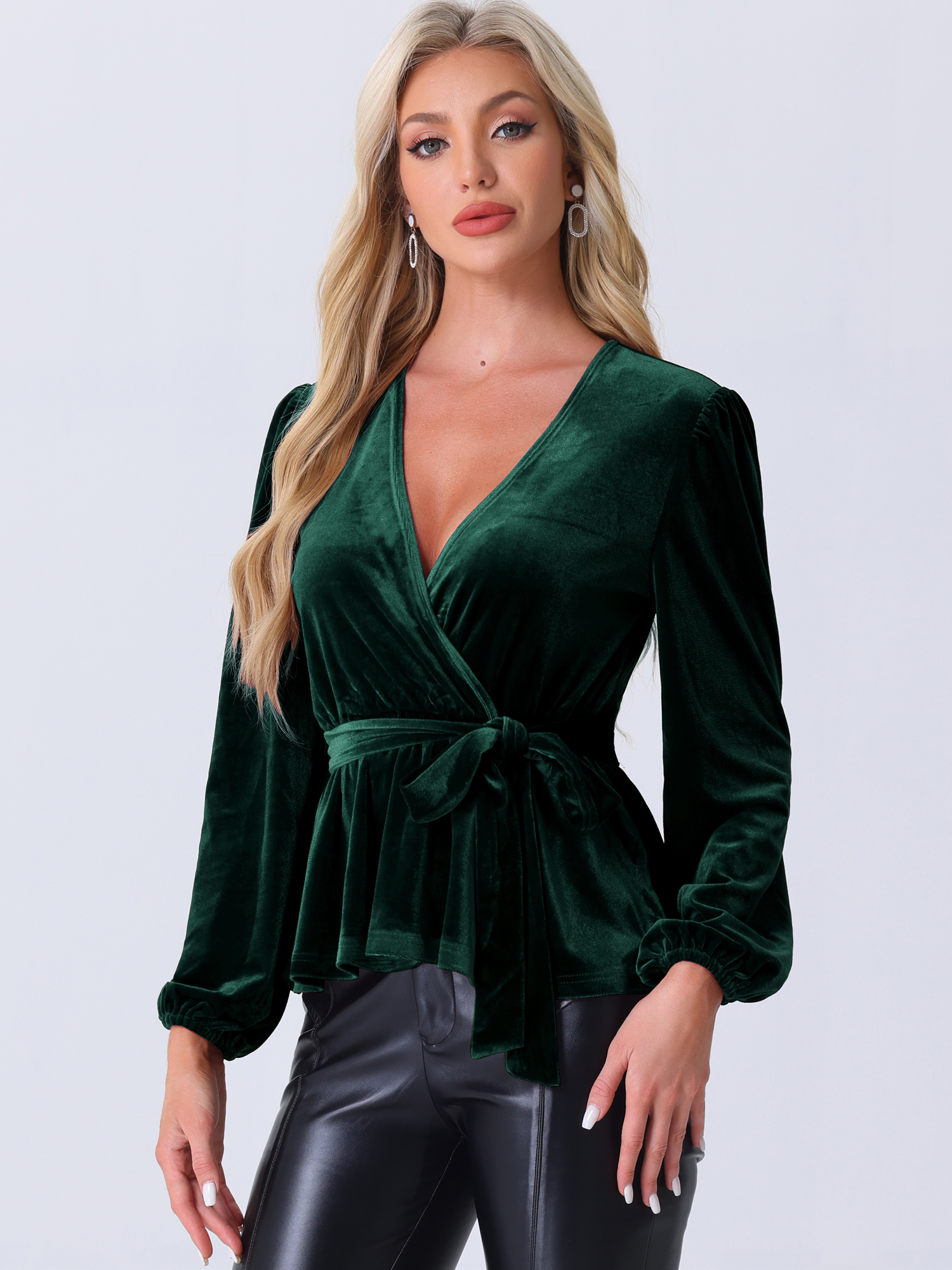Velvet Wrap Tie Waist Long Sleeve Peplum Blouse Dark Green/XS