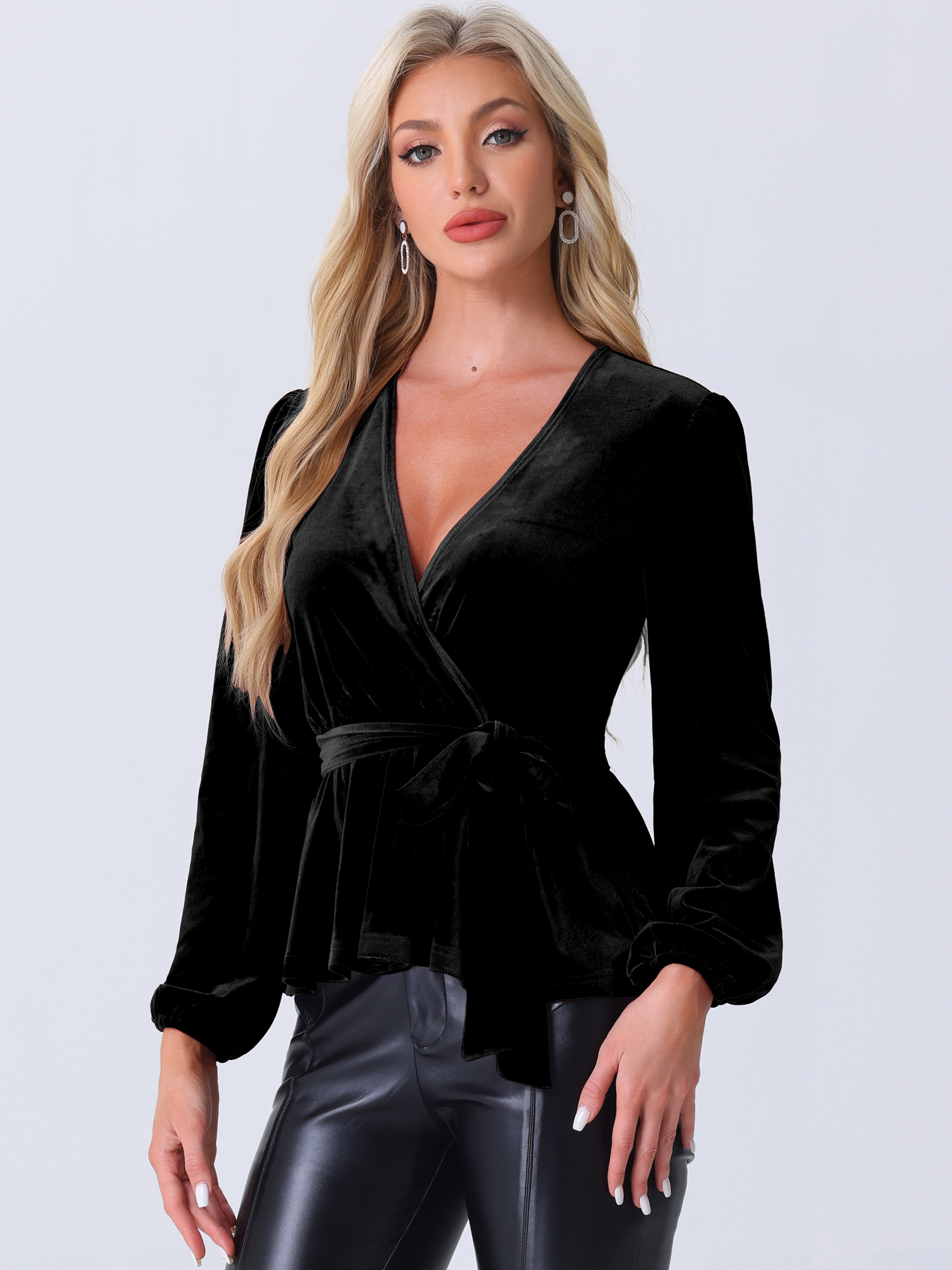 Velvet Wrap Tie Waist Long Sleeve Peplum Blouse Black/L