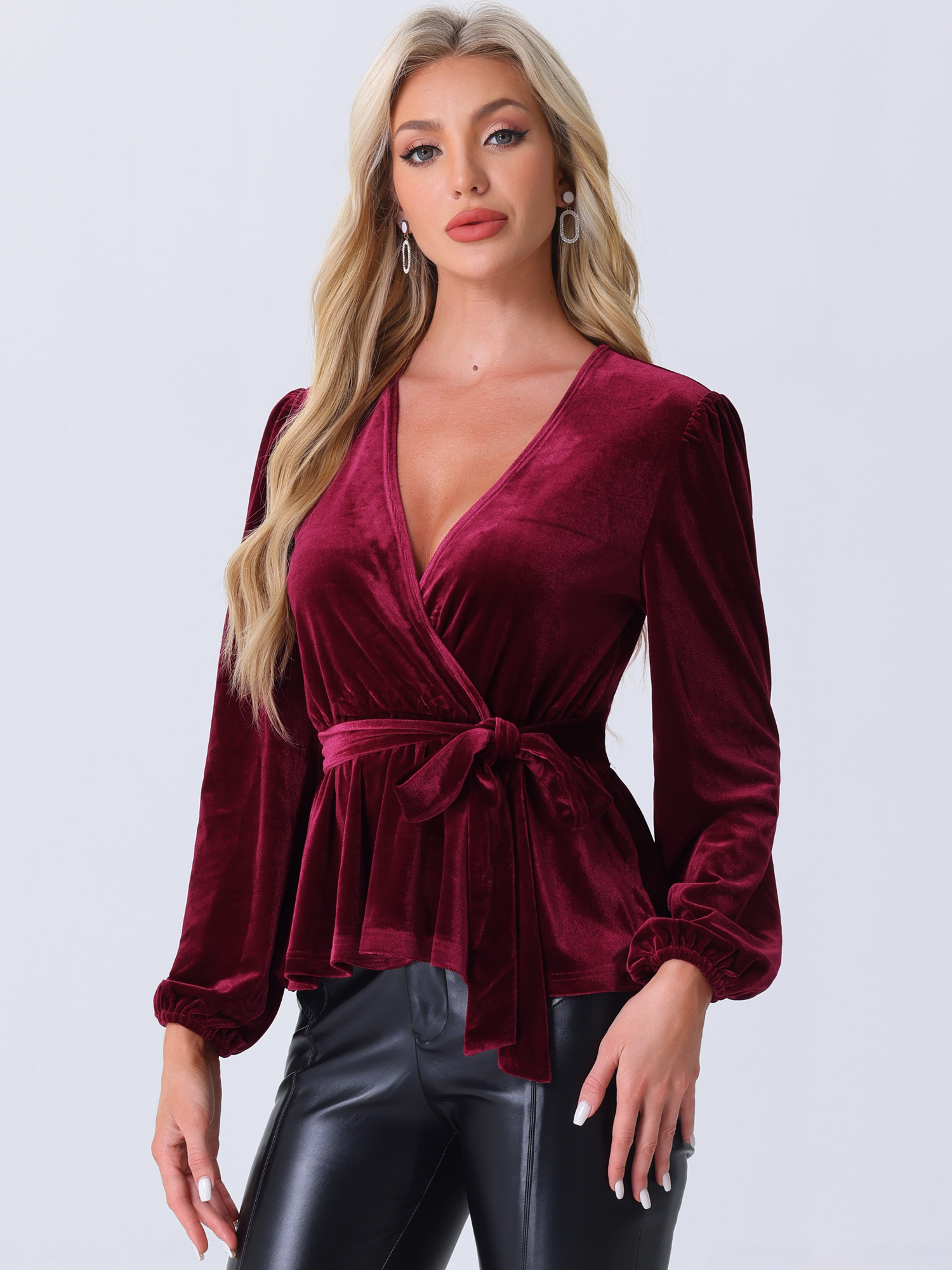 Velvet Wrap Tie Waist Long Sleeve Peplum Blouse Burgundy/L