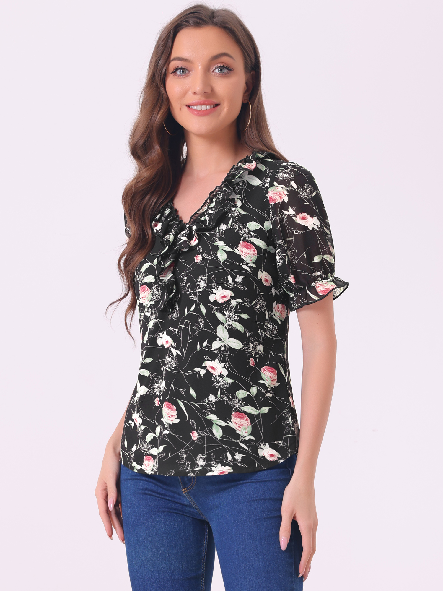 Floral Blouse Ruffle V Neck Puff Short Sleeve Top Black Red/L