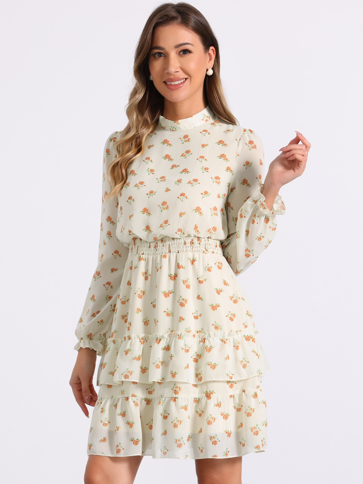 Floral Smocked Sheer Sleeve Ruffle Layers Chiffon Dress Orange White/S