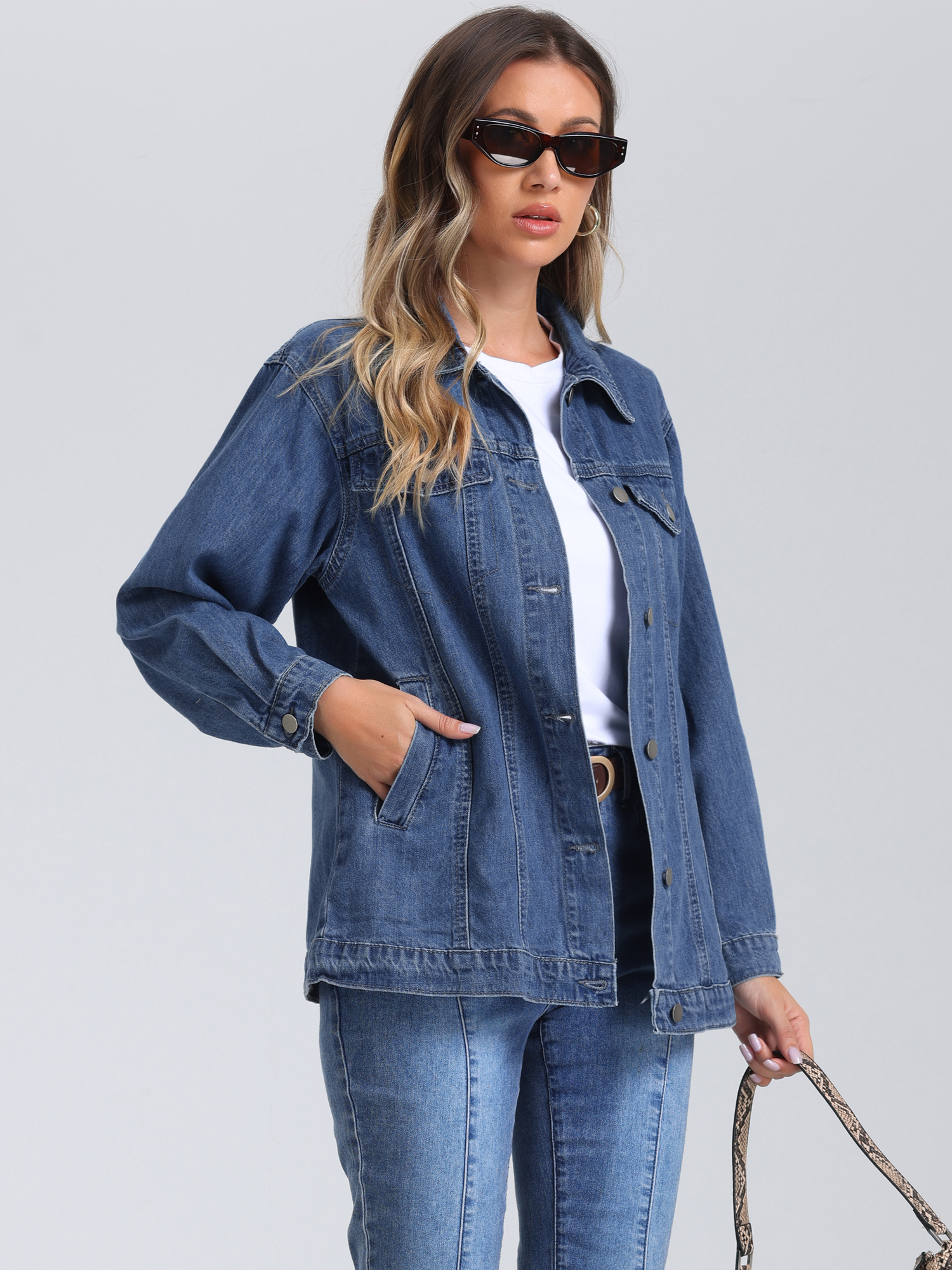 Oversized Denim Long Sleeve Pocketed Jean Jacket Blue/XS