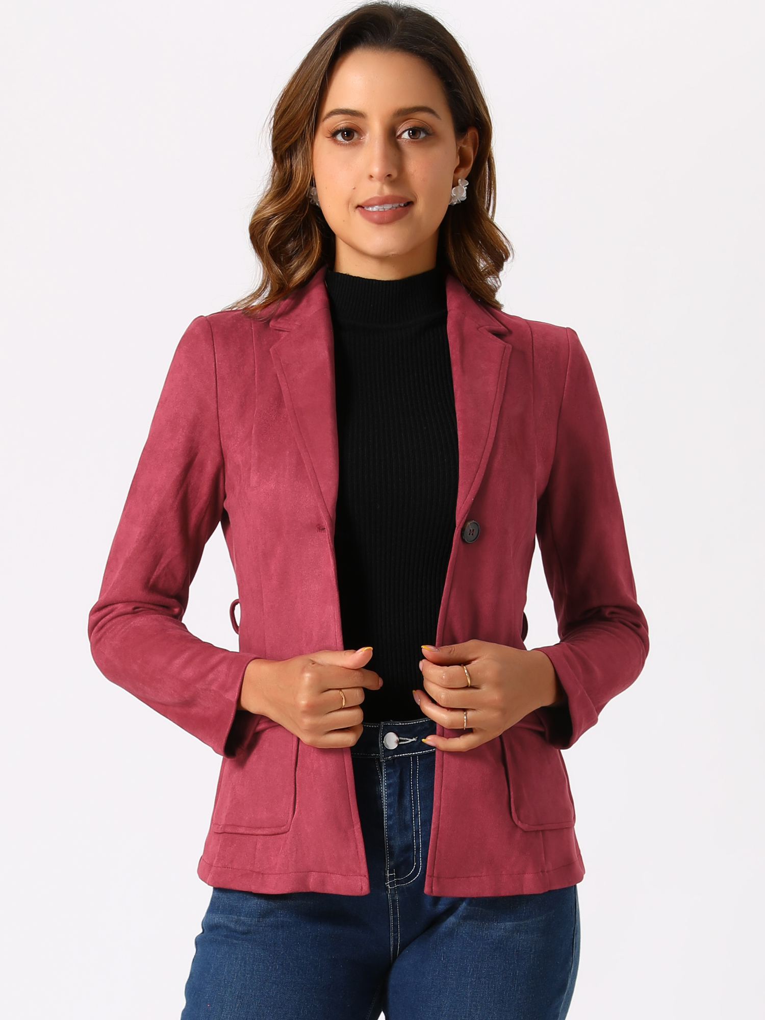 Faux Suede Blazer Belted Lapel Outwear Single Breasted Work Jacket Dark Red/S