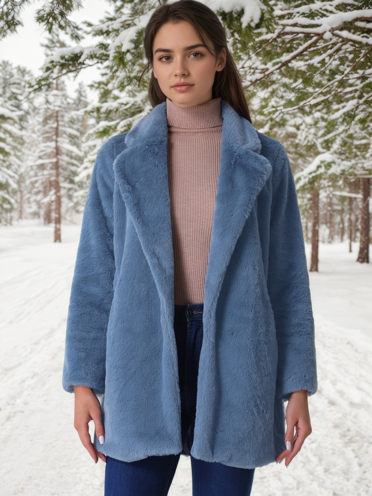 Lapel Collar Faux Fur Fuzzy Winter Warm Pockets Coat Jacket Grey Blue/XS