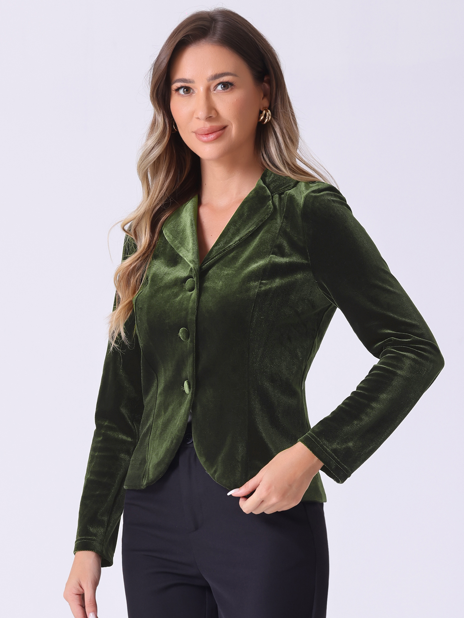 Notched Lapel Long Sleeve Office Business Button Velvet Blazer Army Green/XS