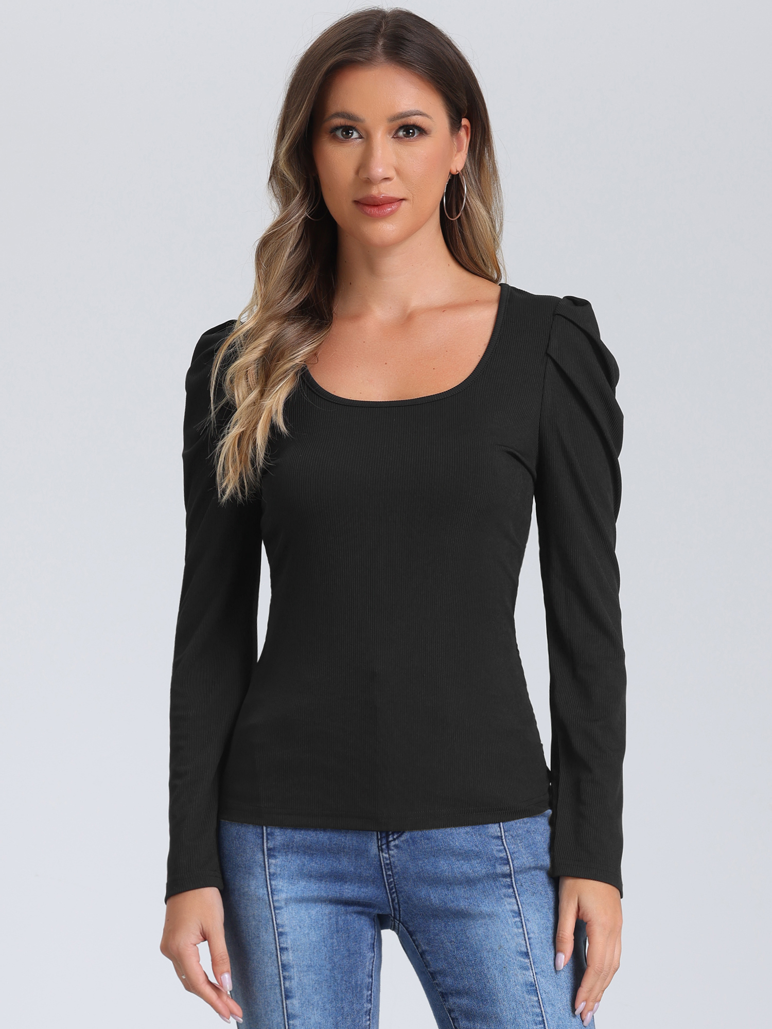 Puff Sleeve Square Neck Long Sleeve Ribbed Knit Blouse Black/XL