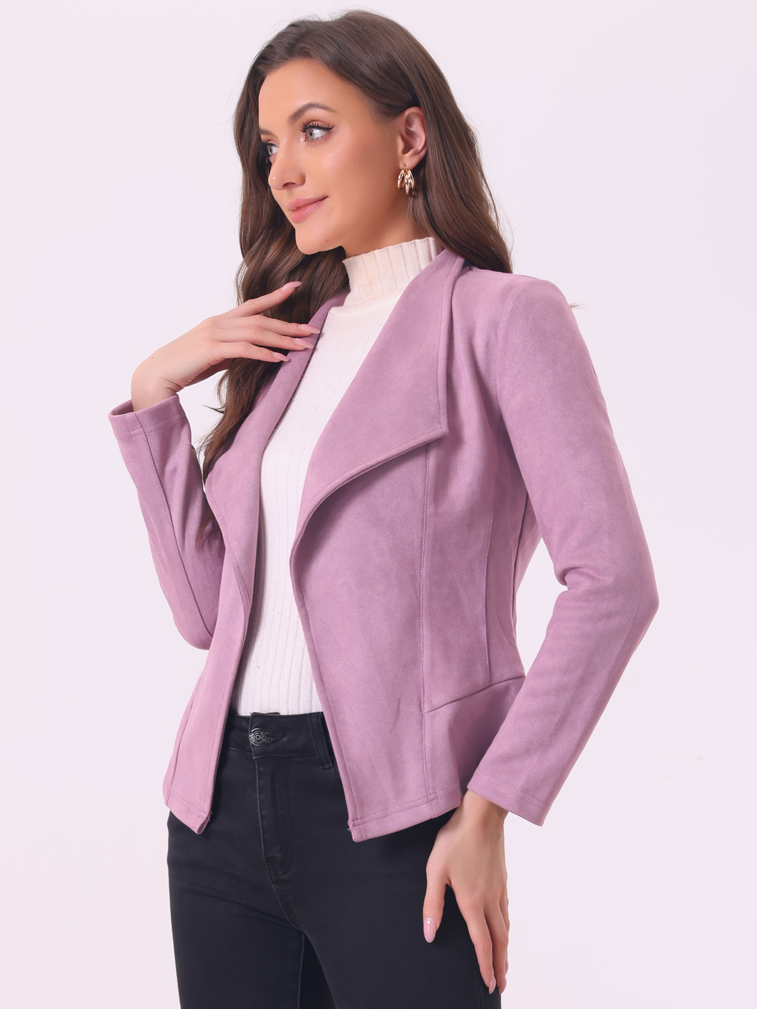 Faux Suede Jacket Open Front Lapel Draped Outwear Cardigan Light Purple/L