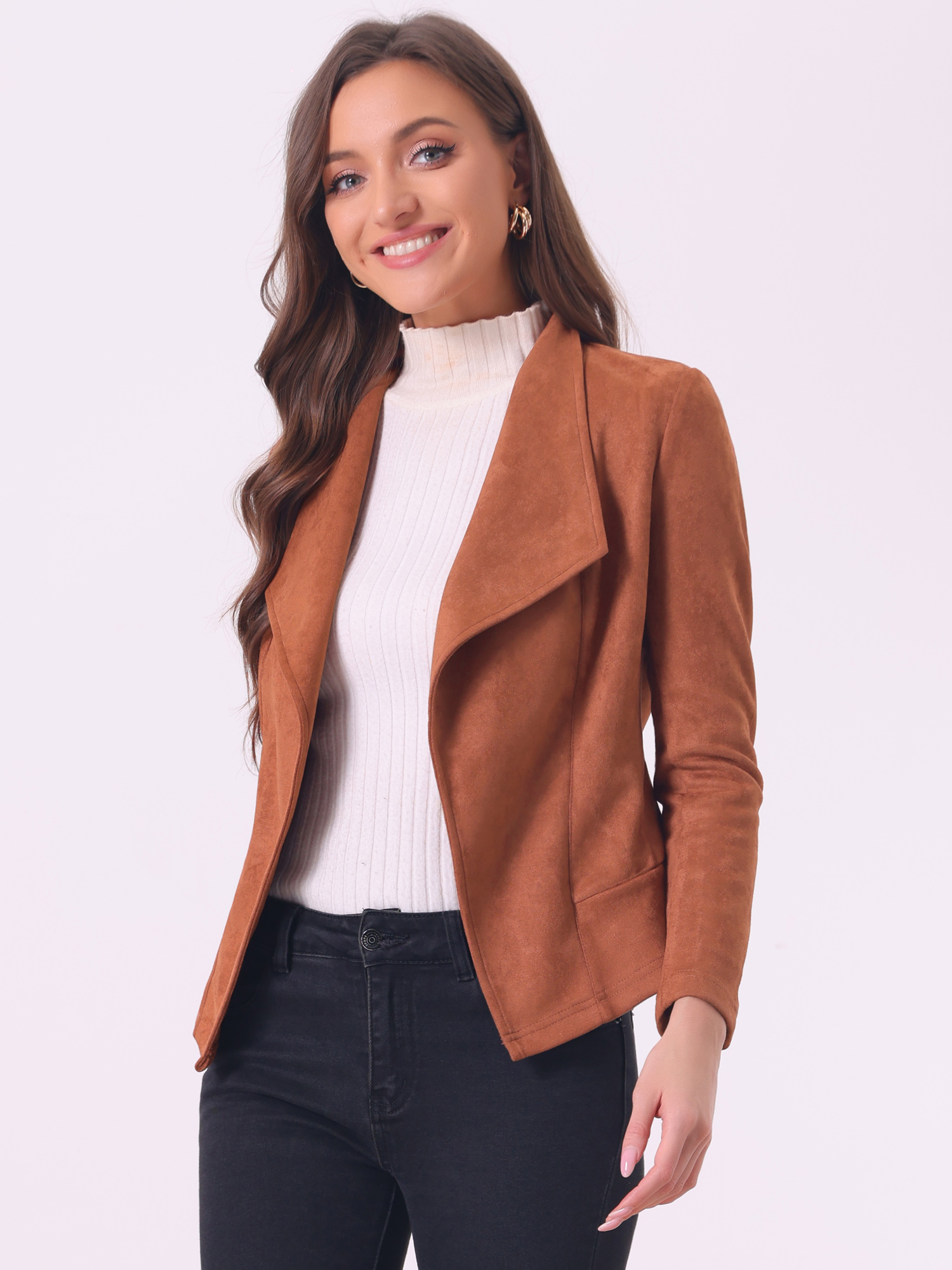 Faux Suede Jacket Open Front Lapel Draped Outwear Cardigan Caramel/M