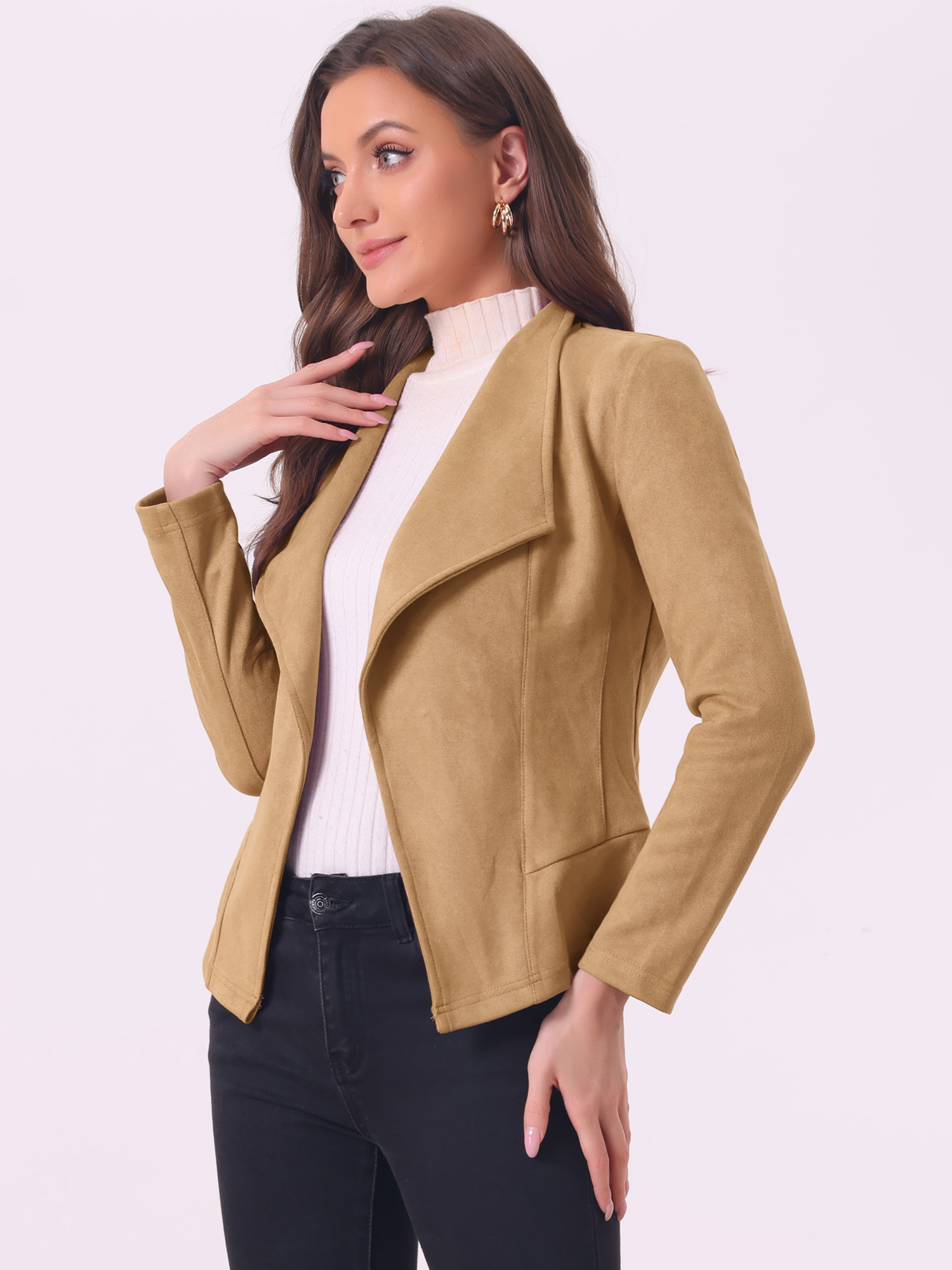 Faux Suede Jacket Open Front Lapel Draped Outwear Cardigan Khaki/XS