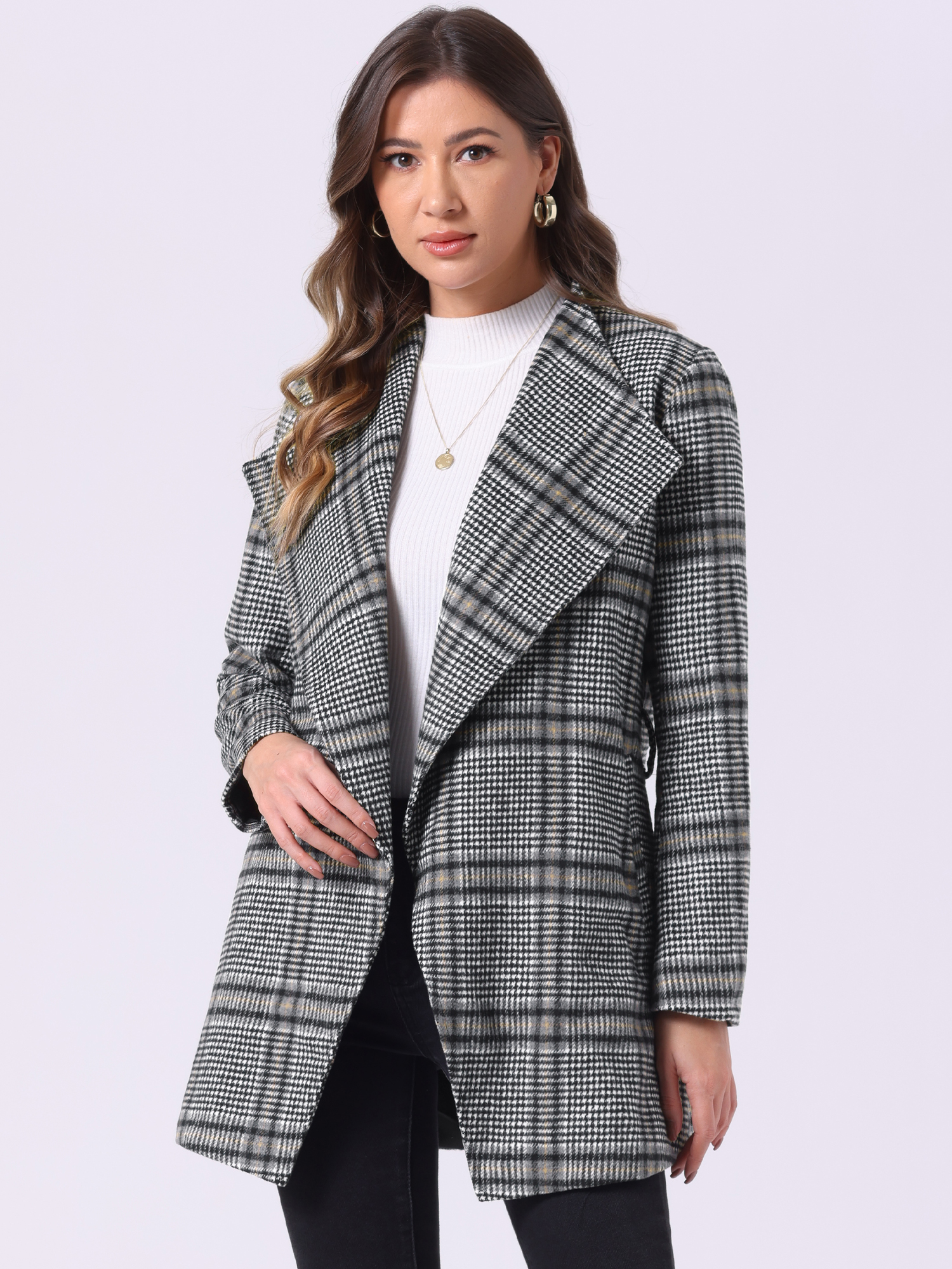 Belted Wrap Outerwear Shawl Collar Asymmetric Hem Plaid Coat Black White/XS