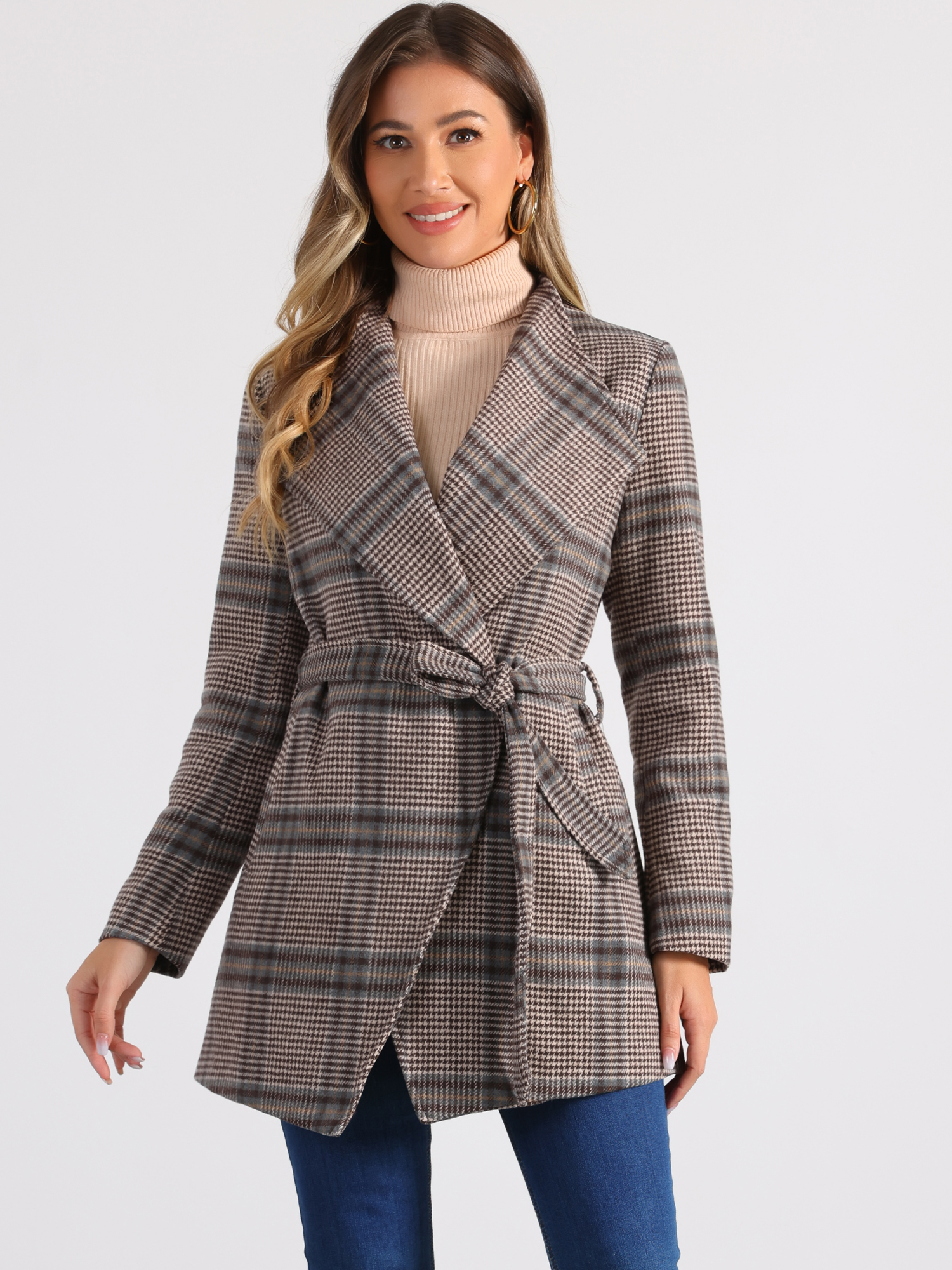 Belted Wrap Outerwear Shawl Collar Asymmetric Hem Plaid Coat Khaki/XL