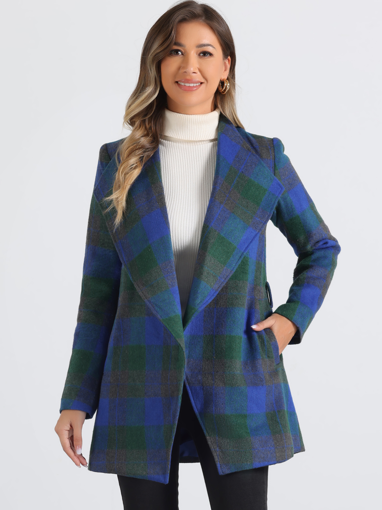Belted Wrap Outerwear Shawl Collar Asymmetric Hem Plaid Coat Blue Green/XS