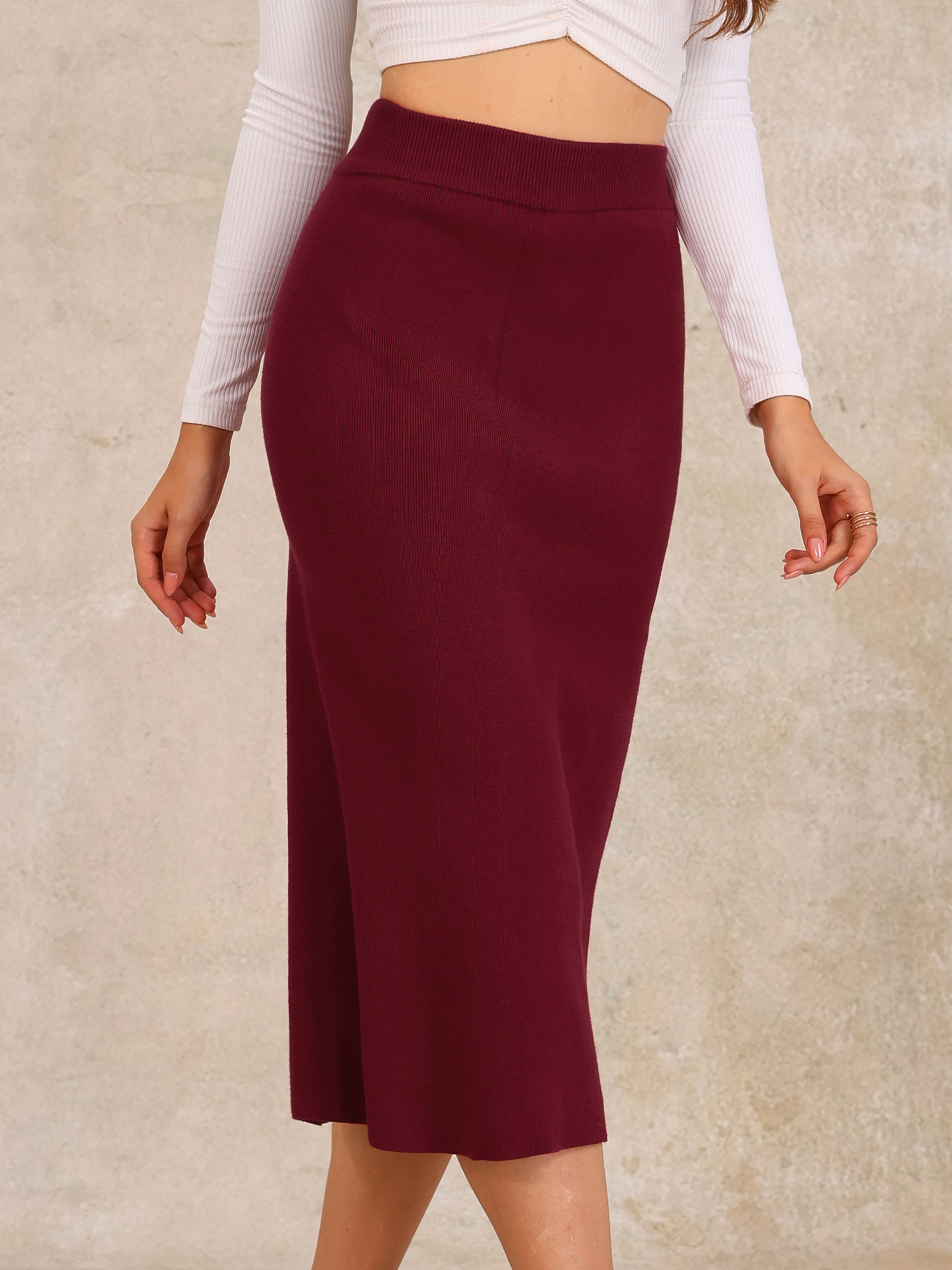 High Waist Slit Sweater Pencil Knit Midi Bodycon Skirt Claret/XL