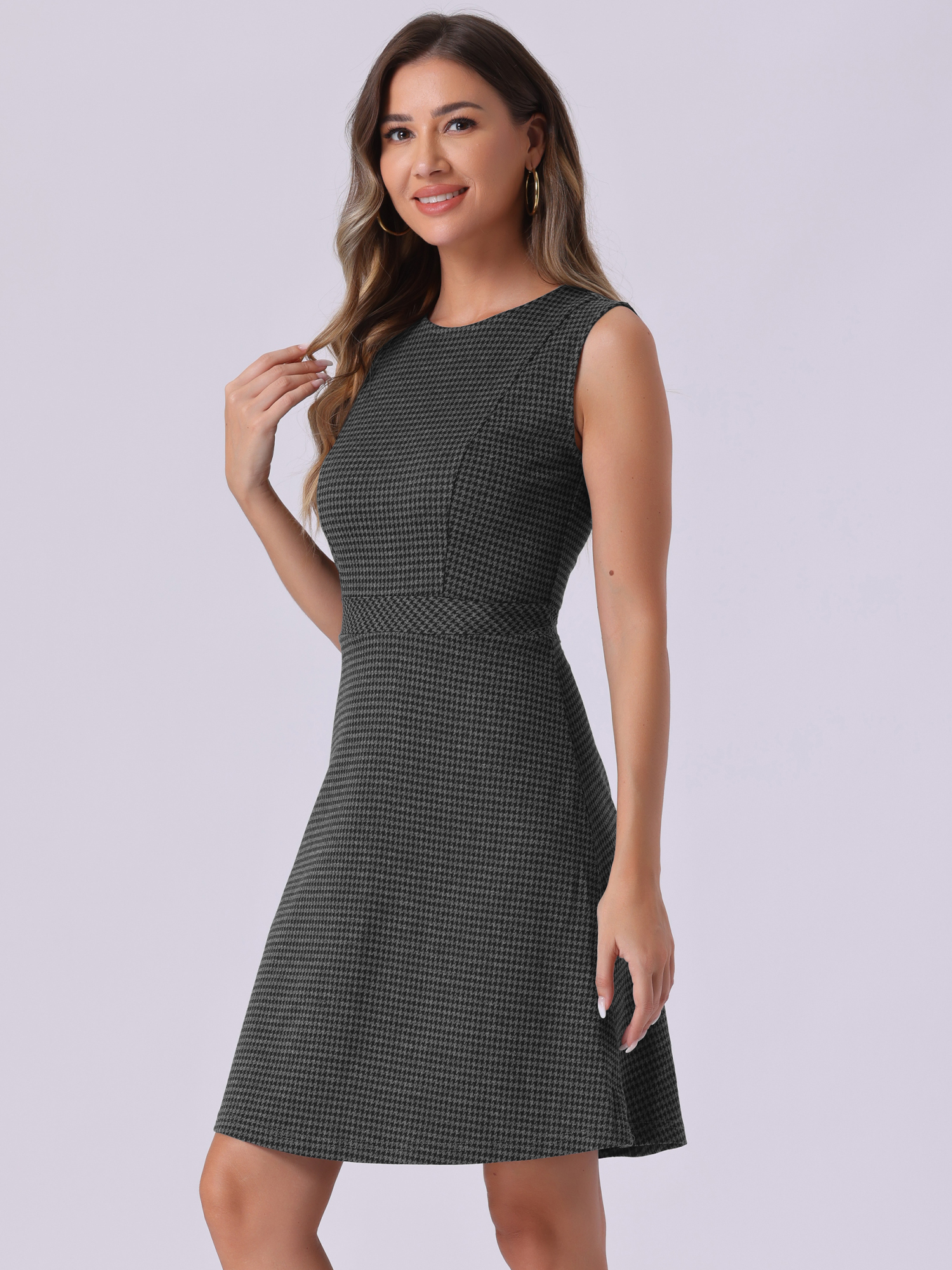 Plaid Sleeveless Fit and Flare Houndstooth Work Dress Black Grey/L