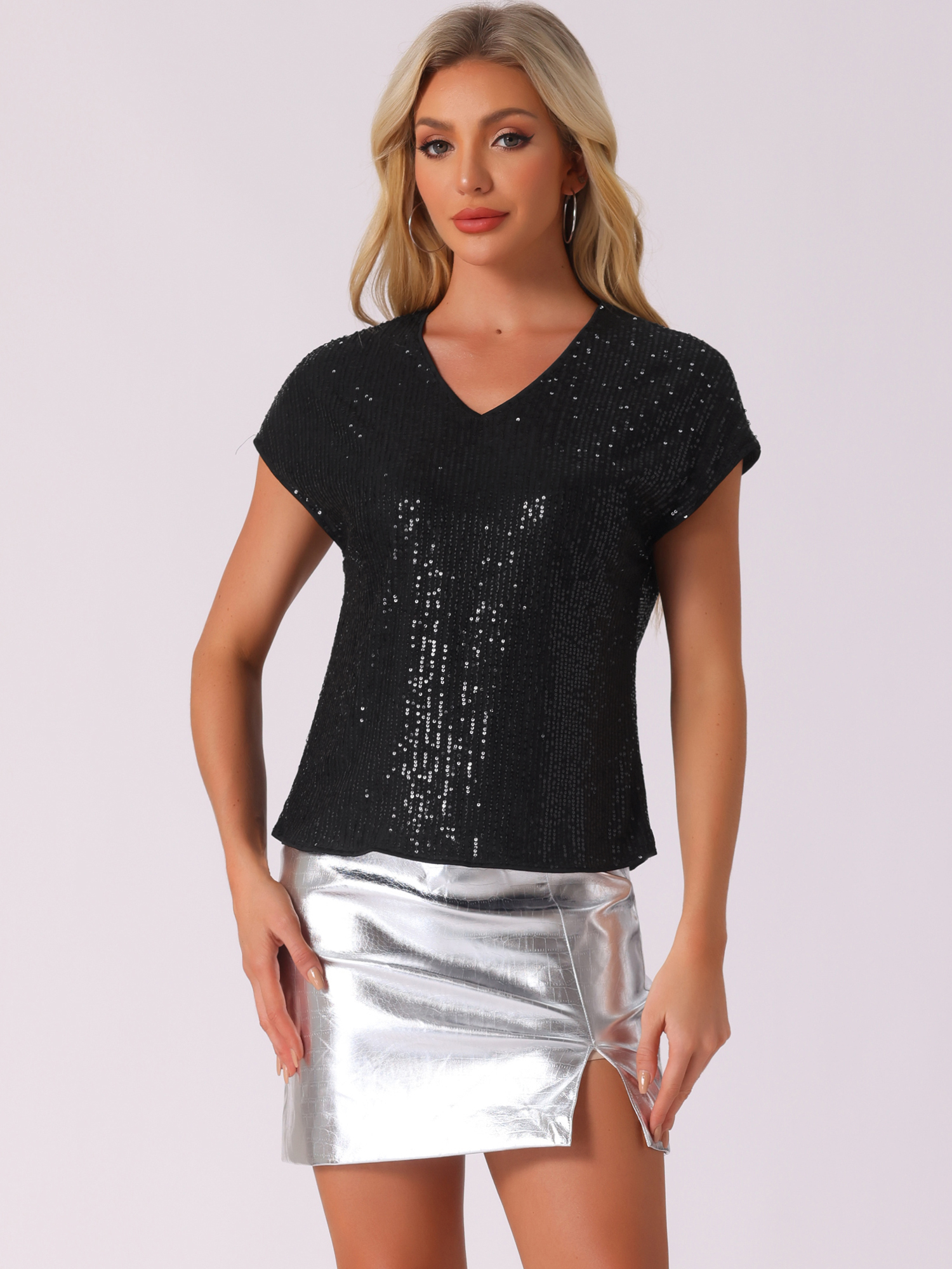 Sequin Glitter Short Sleeve V Neck Party Sparkly Blouse Black/S