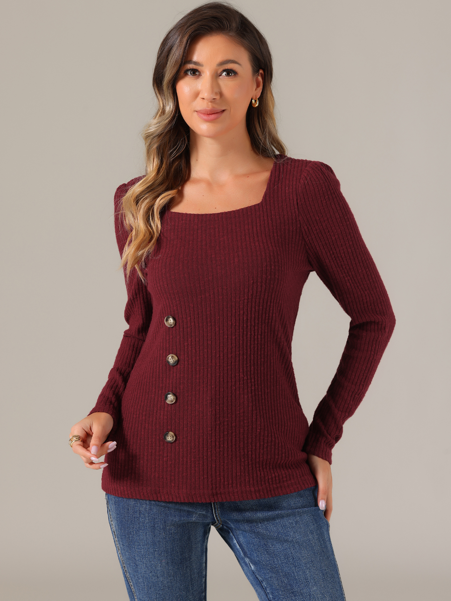 Long Sleeve Button Decor Square Neck Sweater Knit Top Burgundy/XS