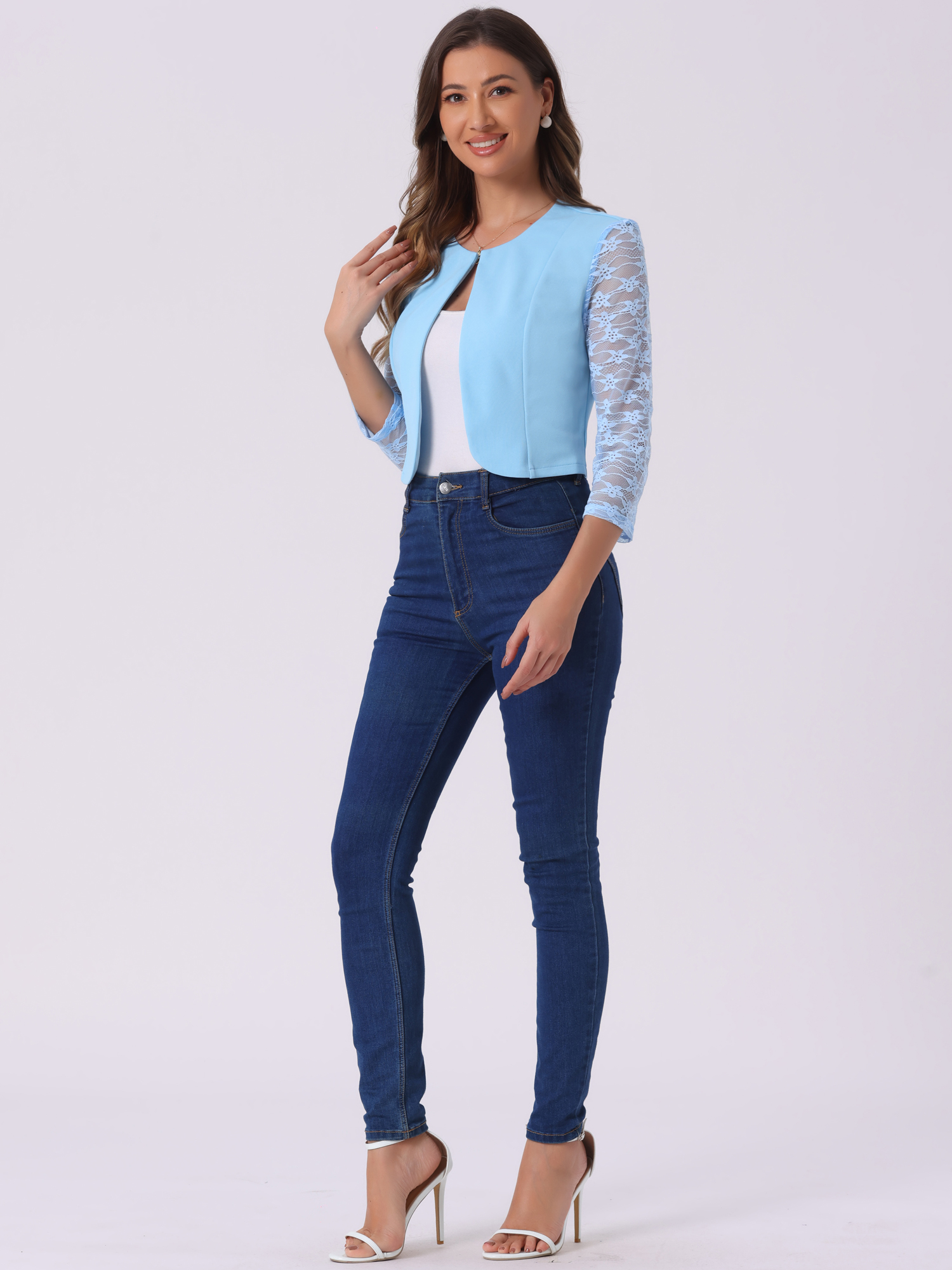 3/4 Sleeve Floral Lace Open Front Office Bolero Shrug Light Blue/M