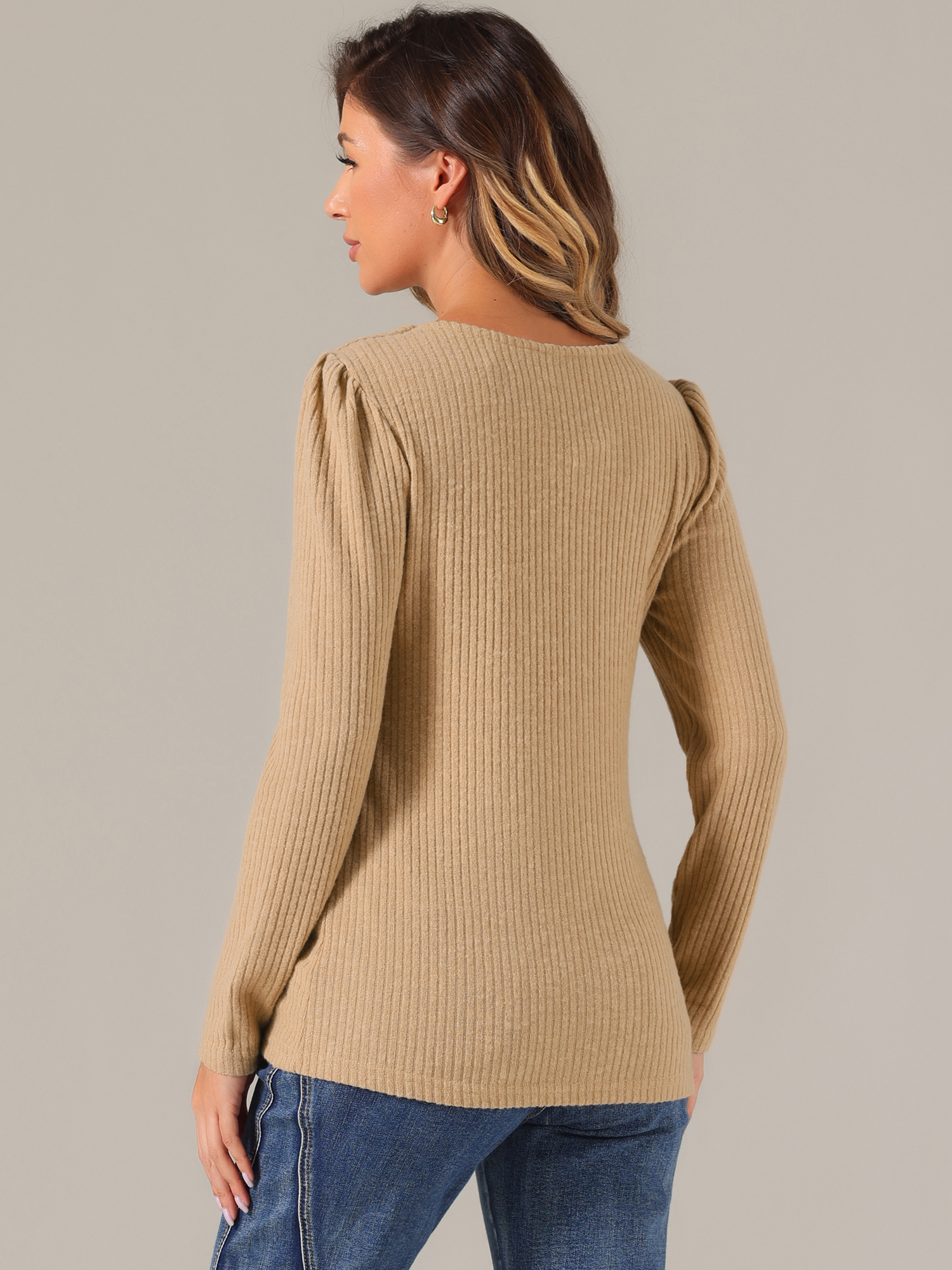 Long Sleeve Button Decor Square Neck Sweater Knit Top Khaki/L