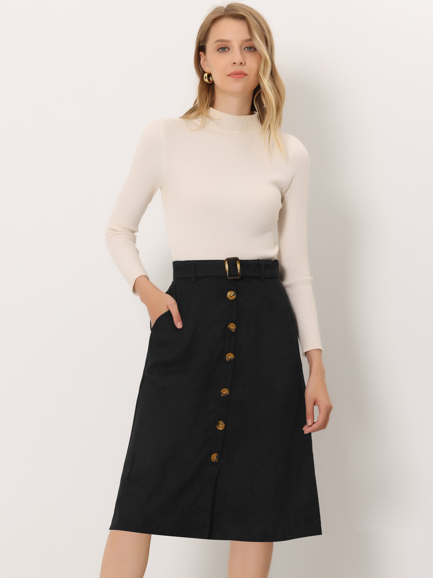 High Waist Button Front Belted Corduroy A-Line Midi Skirt Black/3XL